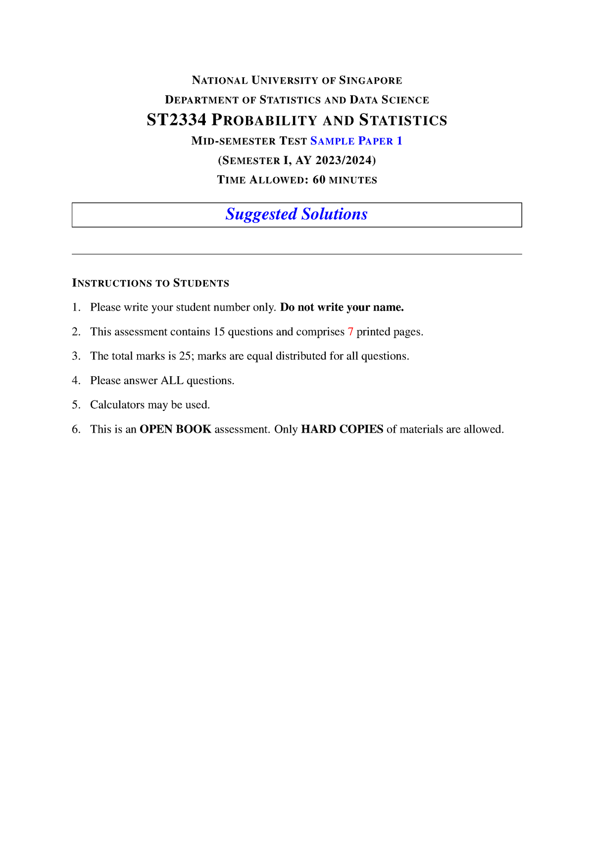 Midterm-Sample-Paper-1 Solution - NATIONAL UNIVERSITY OF SINGAPORE ...