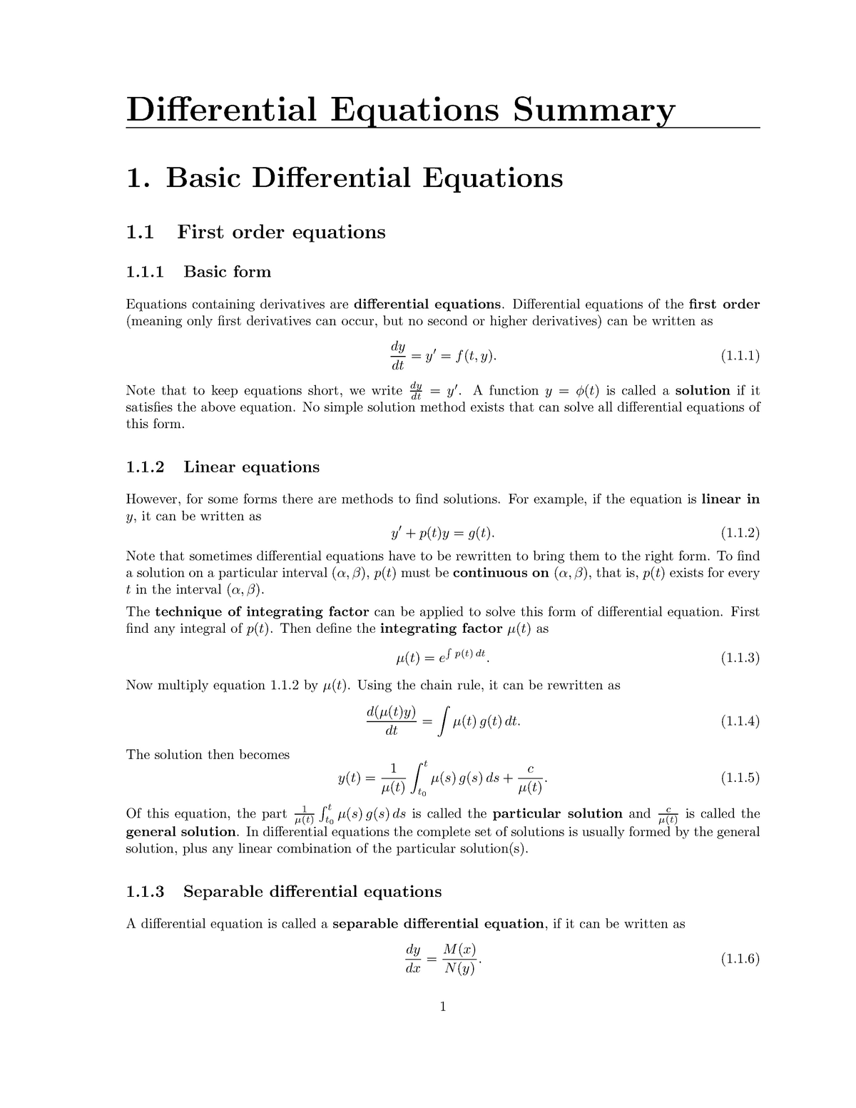 Differential Equations Summary Sheet