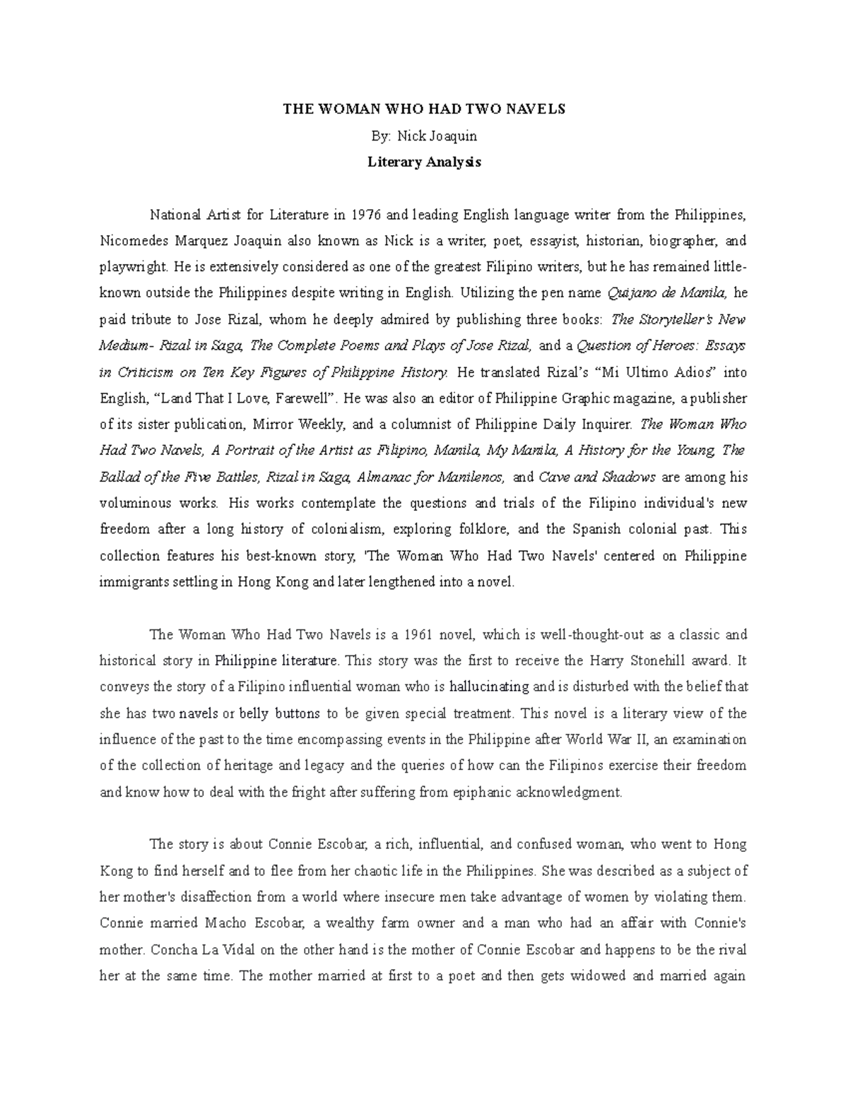 THE Woman WHO HAD TWO Navels Literary Analysis THE WOMAN WHO HAD 