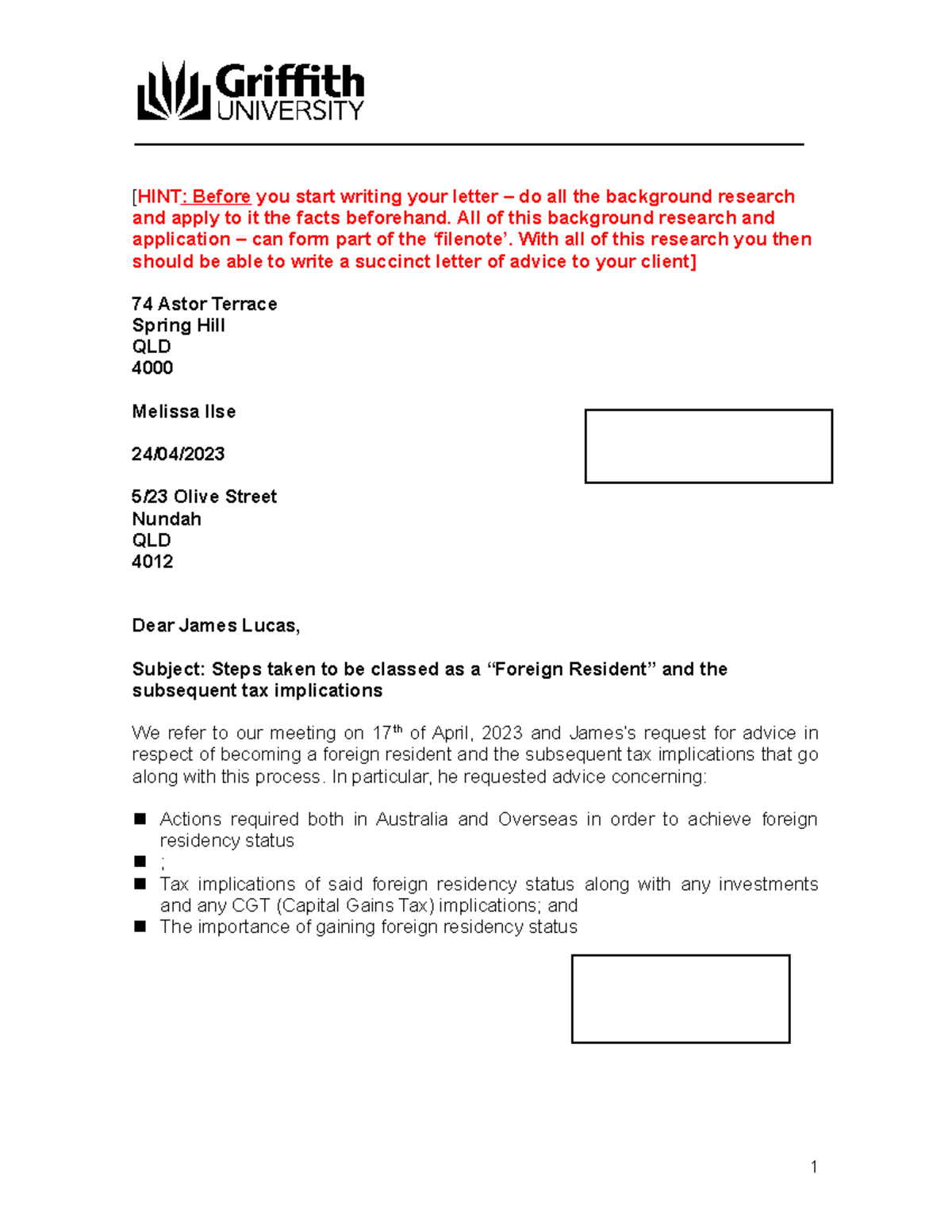 Example Business Letter of Advice[ 53] [HINT Before you start