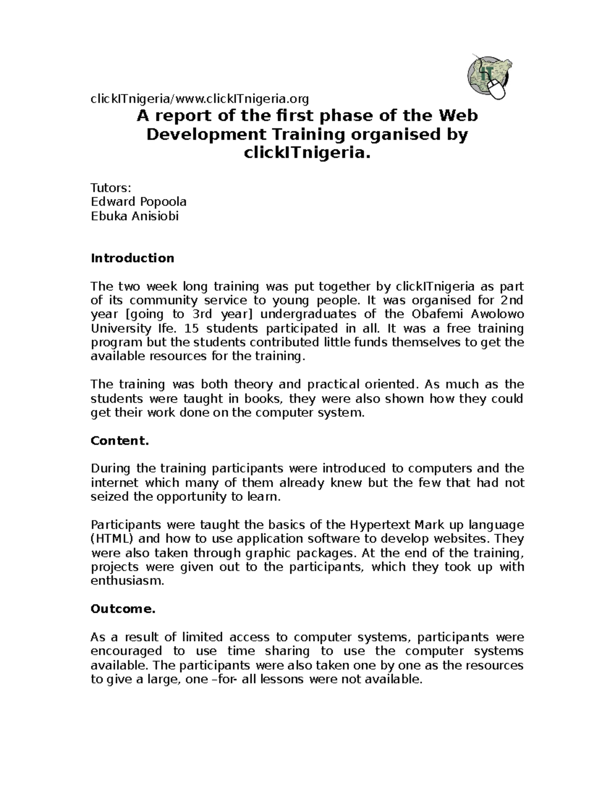 A Report Of The Web Development Training ClickITnigeria A Report Of