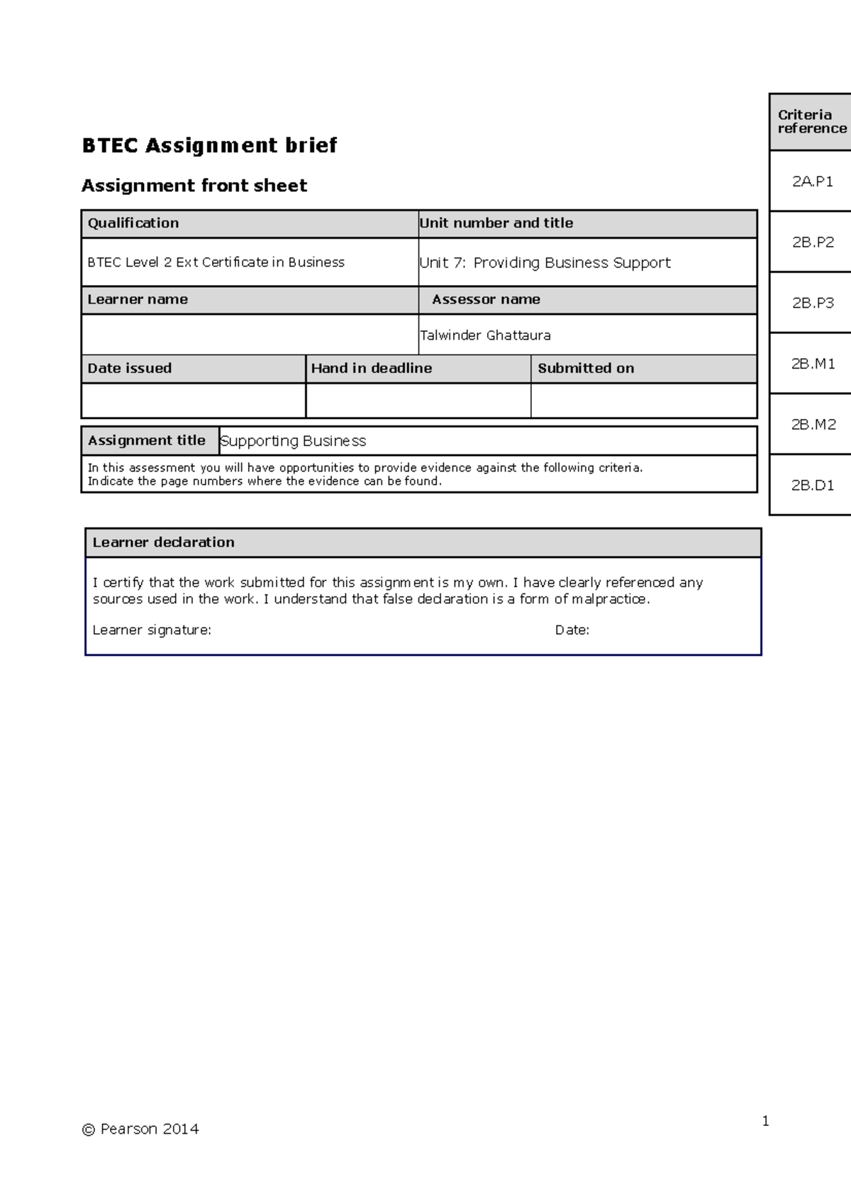 BTEC L2 Unit 7 Ass 1 - Assignment 1 Unit 7 - Criteria Reference 2A 2B ...