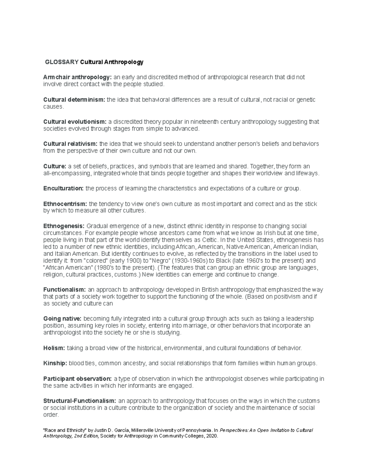 Cultural Anth glossary 1 GLOSSARYCultural Anthropology Armchair anthropology an early and