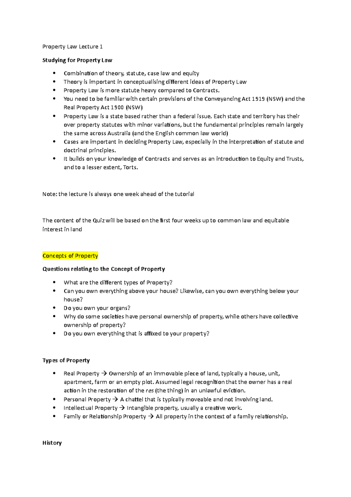 Property Law Lecture 1 - Notes - Property Law Lecture 1 Studying for ...