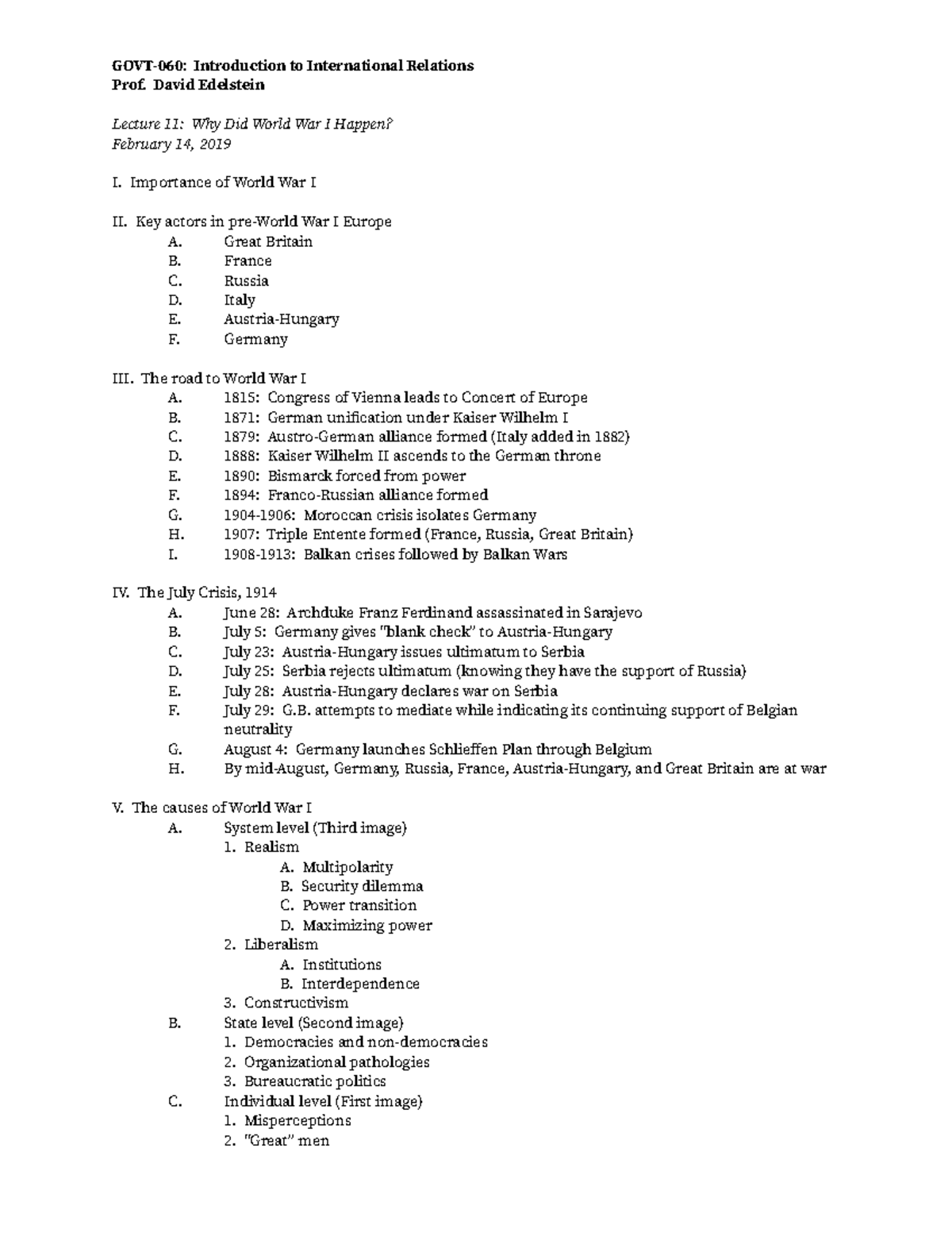 Lecture 11-Why did WWI happen - GOVT-060: Introduction to International ...