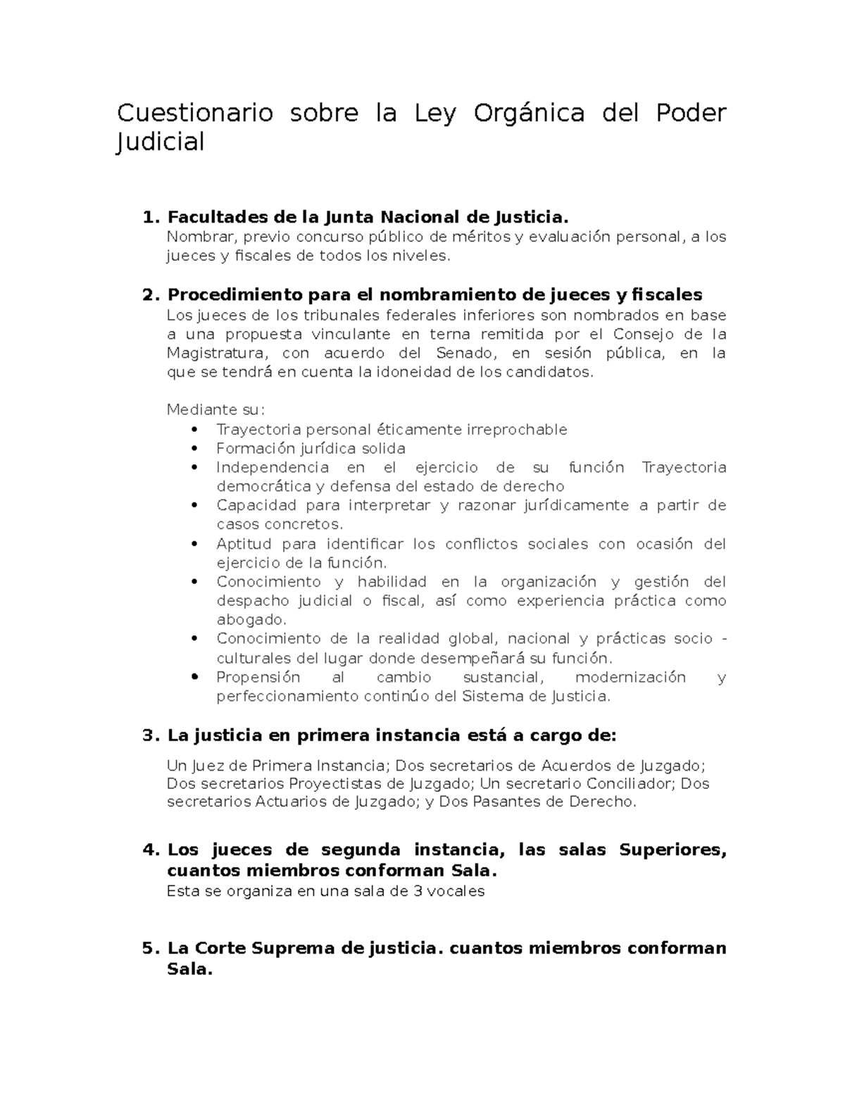 Cuestionario sobre la Ley Orgánica del Poder Judicial Facultades de la Junta Nacional de Cuestionario sobre la Ley Orgánica del Poder Judicial Facultades de la Junta Nacional de