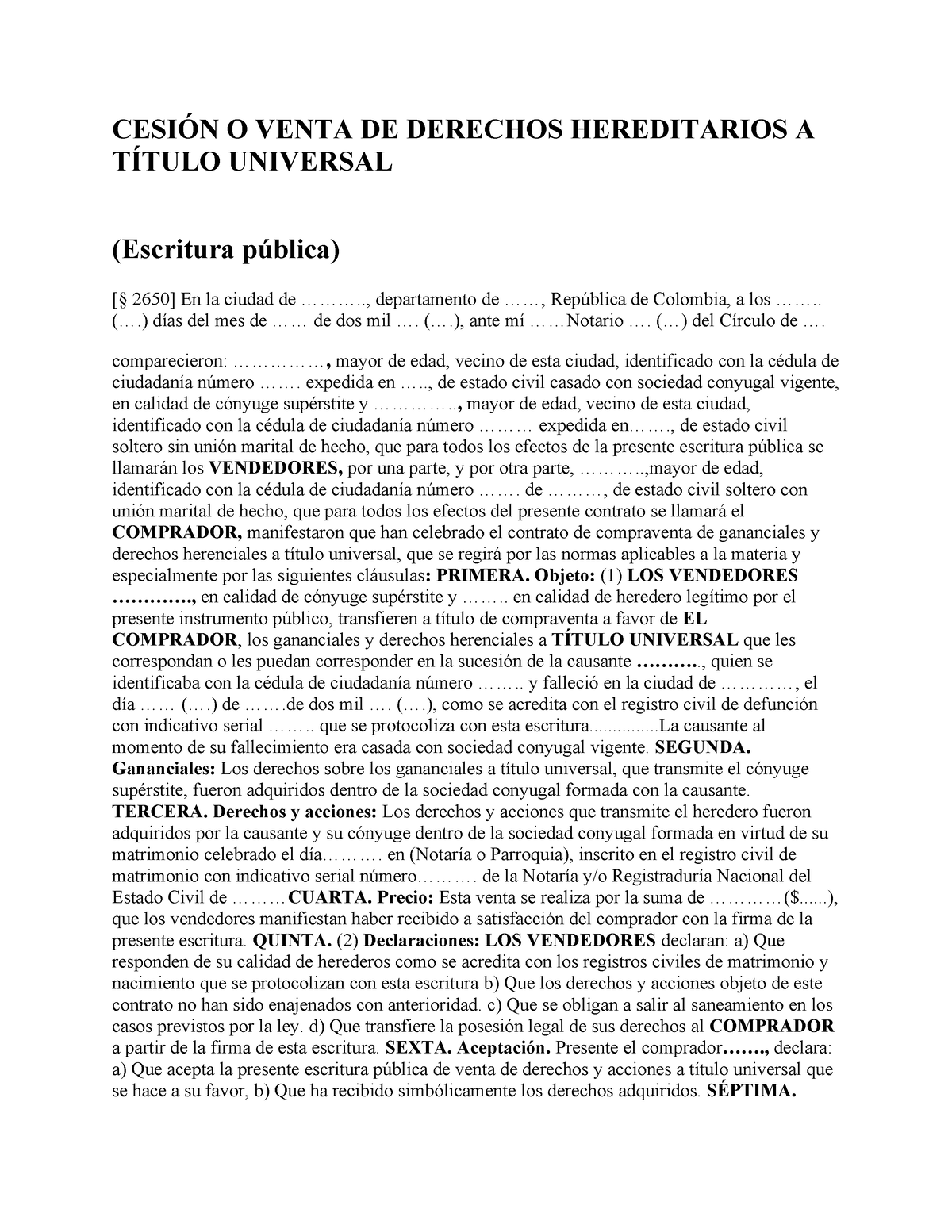 Cesion O Venta DE Derechos Hereditarios A Titulo Universal - CESIÓN O ...