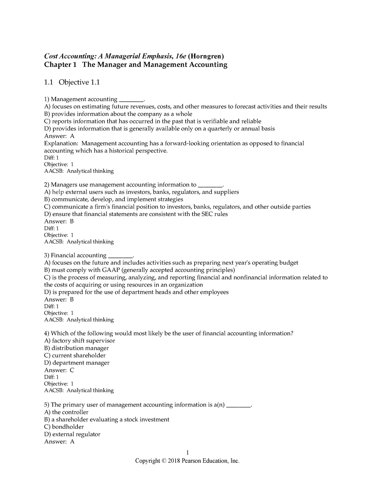 TEST BANK Chapter 1 - Cost Accounting: A Managerial Emphasis, 16e ...