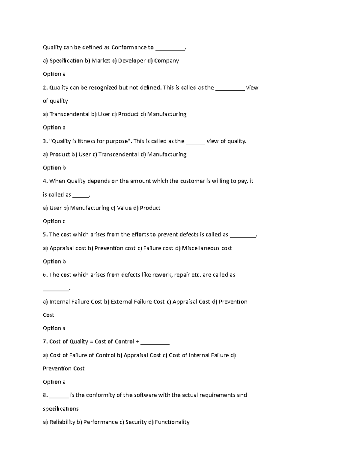 Sqa 2 - sqa - Quality can be defined as Conformance to _________. a ...