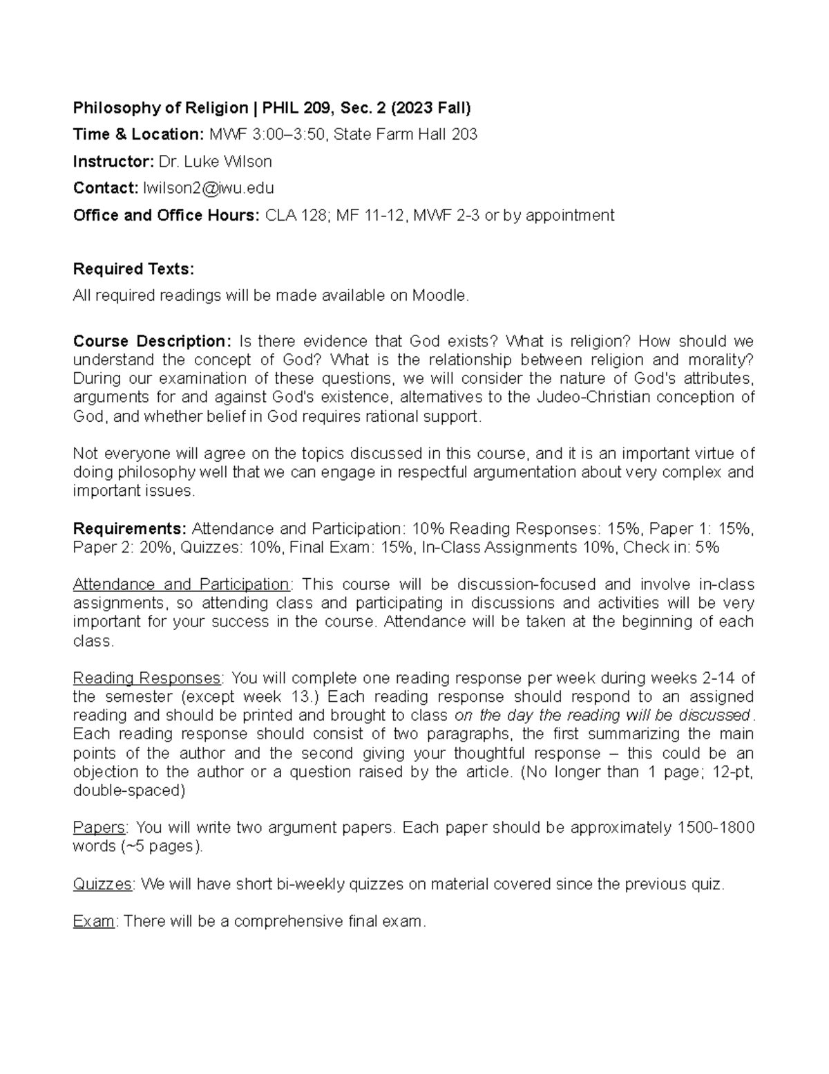 Syllabus Philosophy of Religion 2 - Philosophy of Religion | PHIL 209 ...