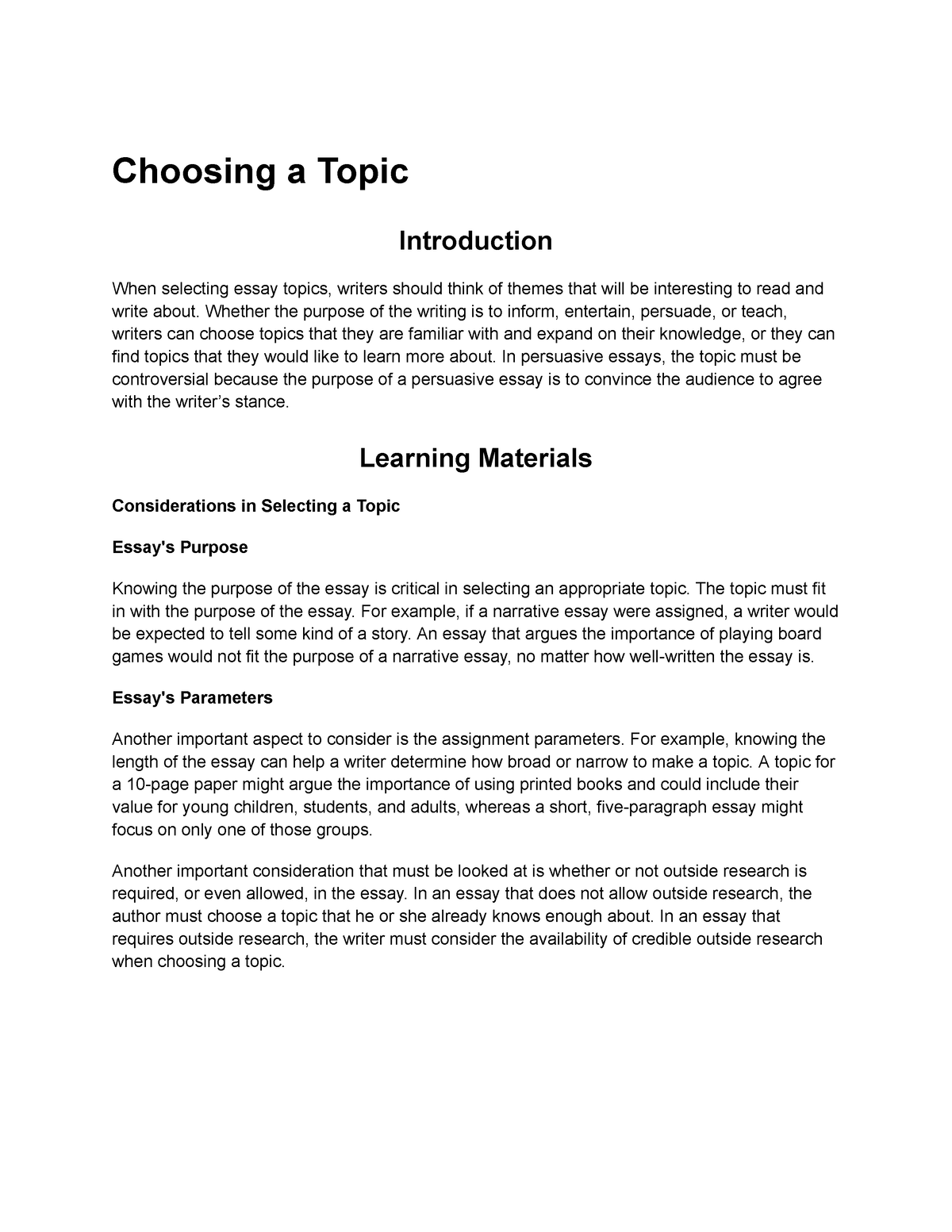 help choosing an essay topic