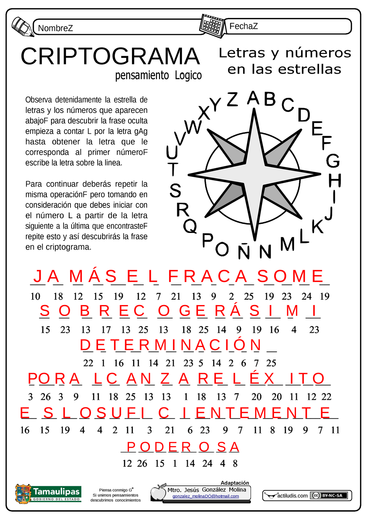 Criptograma Con Estrella Letras Y Numeros Clave - NombreZ FechaZ ...