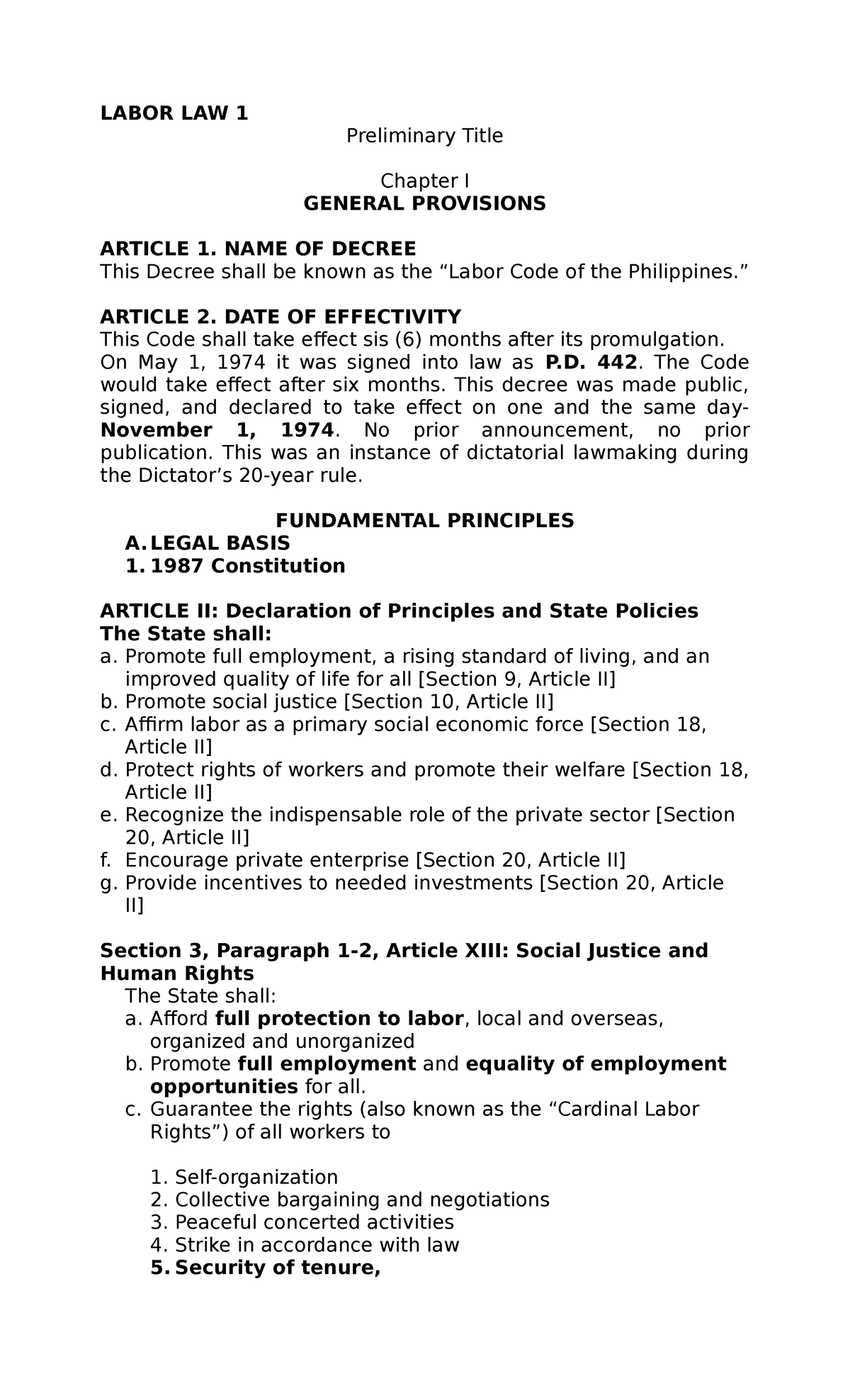 Carl Labor Textbook Summary Labor Law 1 Preliminary Title Chapter I General Provisions Article 6930
