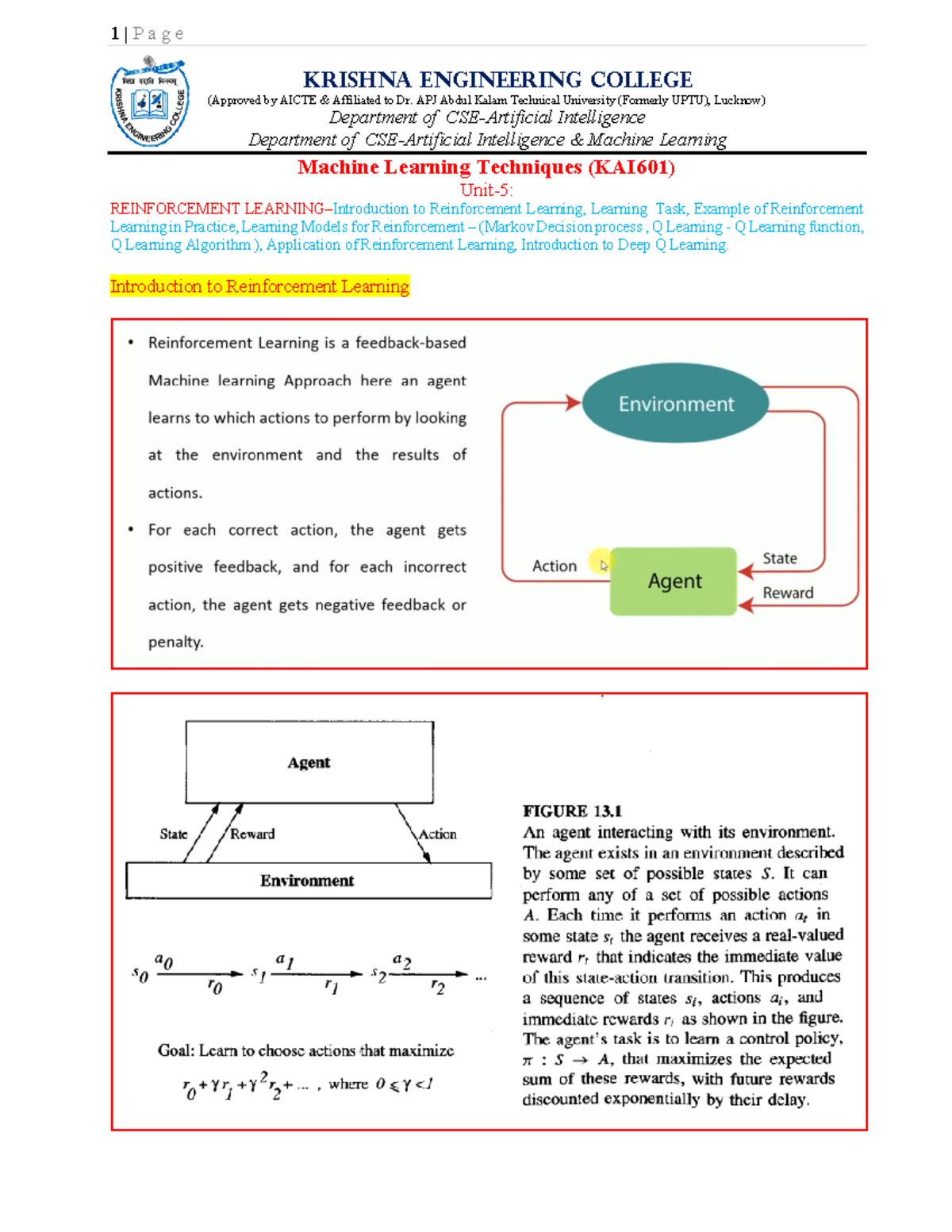 ML-5-Reinforcement - ML-5-Reinforcement - KRISHNA ENGINEERING COLLEGE ...