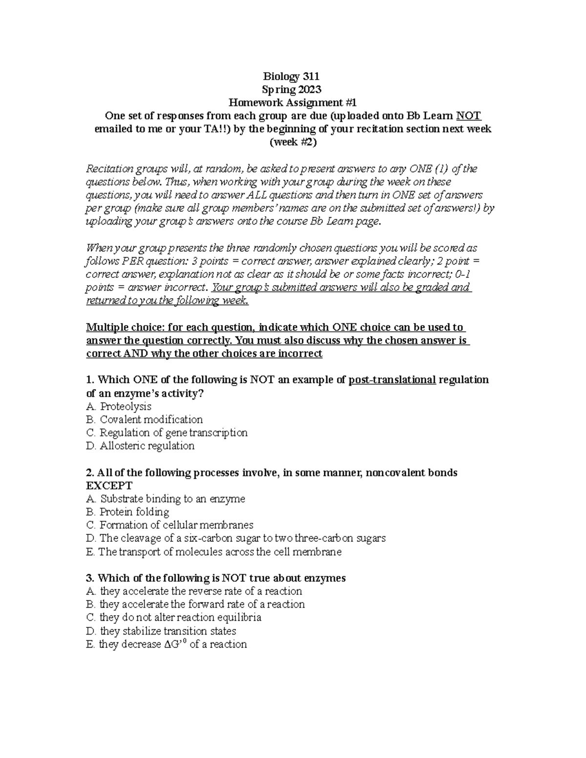 Bio 311 Spring 2023 HW #1 - Biology 311 Spring 2023 Homework Assignment ...