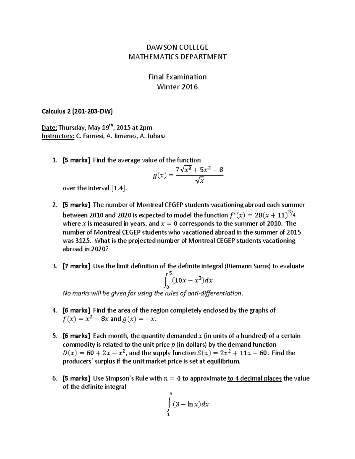 201 203 DW Final W2016 Web - DAWSON COLLEGE MATHEMATICS DEPARTMENT ...