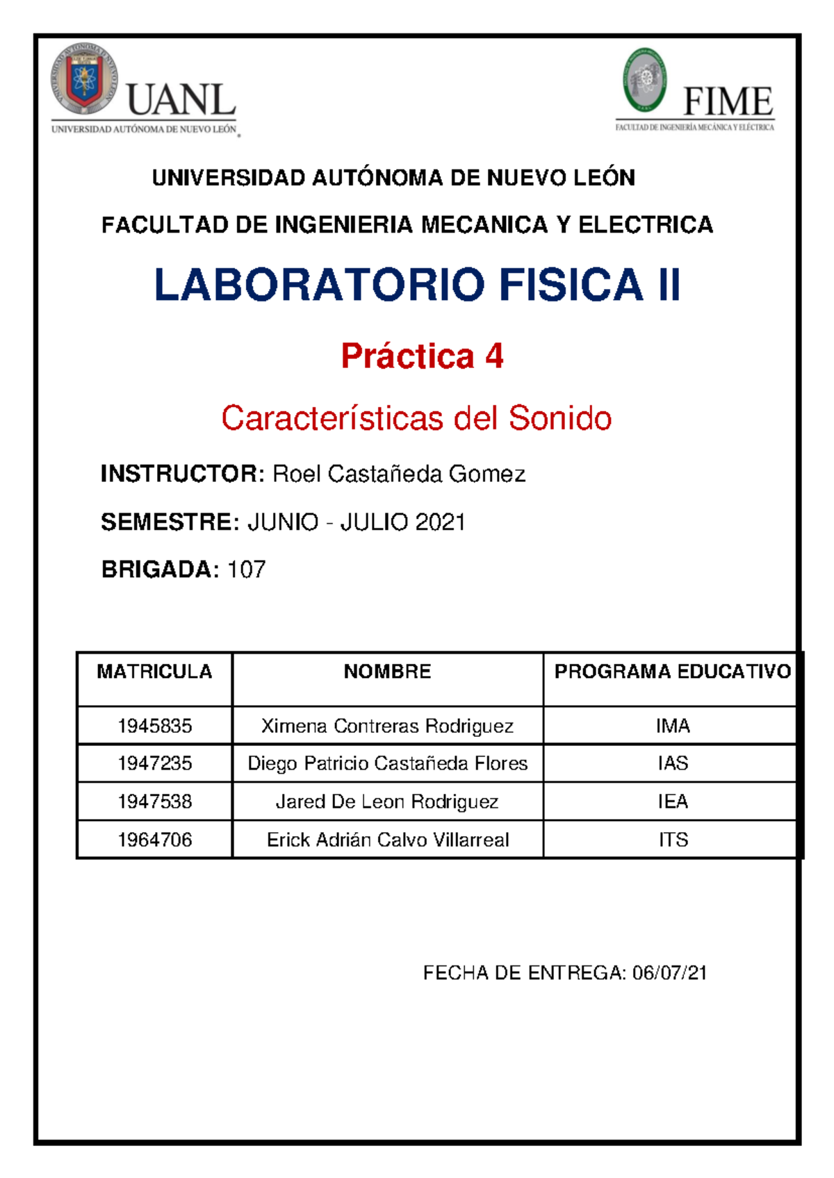 Practica 4 - LAB Fisica II - Equipo 2 - UNIVERSIDAD AUTÓNOMA DE NUEVO ...