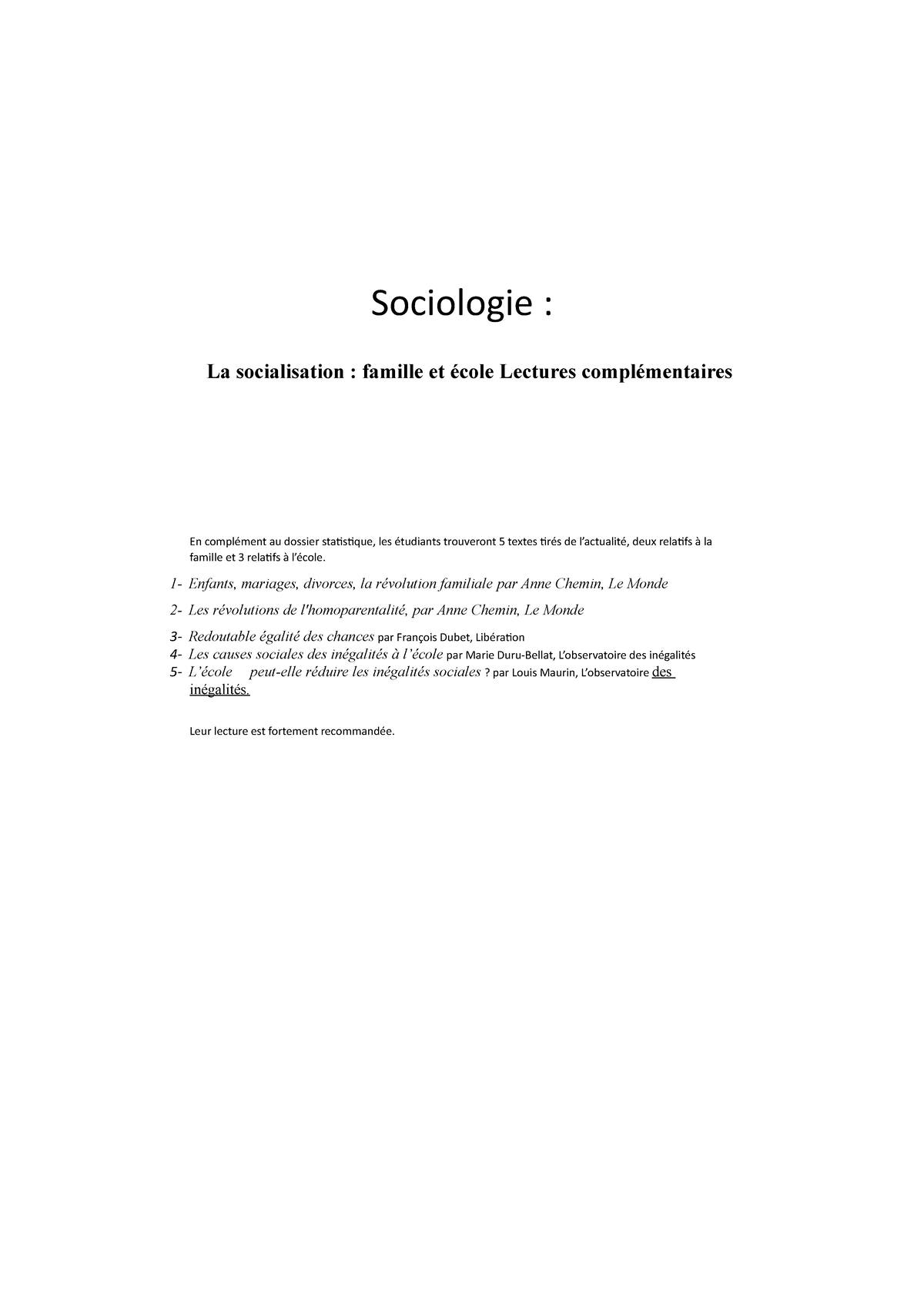 Sociologi 14 - Sociologie : La Socialisation : Famille Et école ...