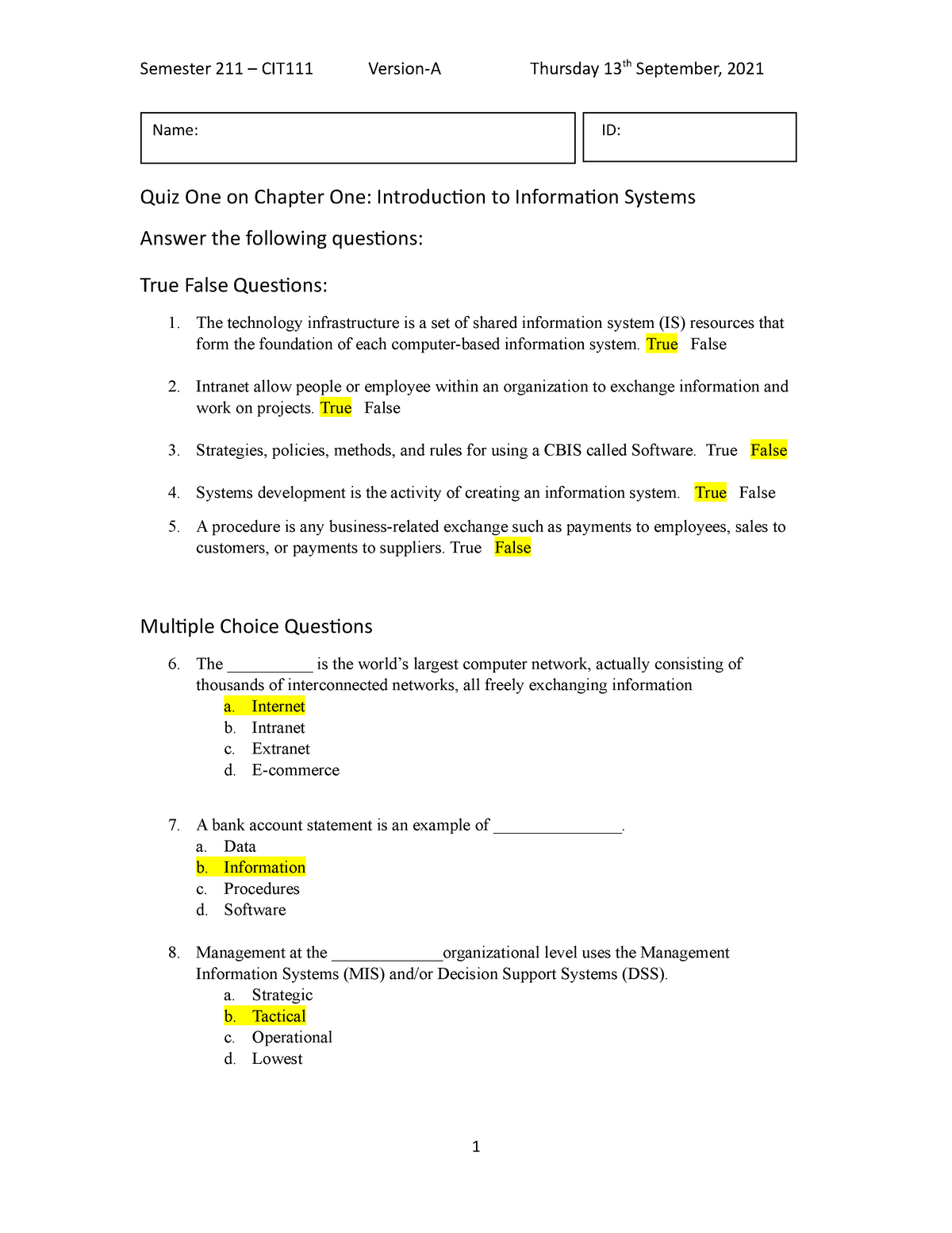 211-CIT111-Quiz-1-A-Solution - Semester 211 – CIT111 Version-A Thursday ...