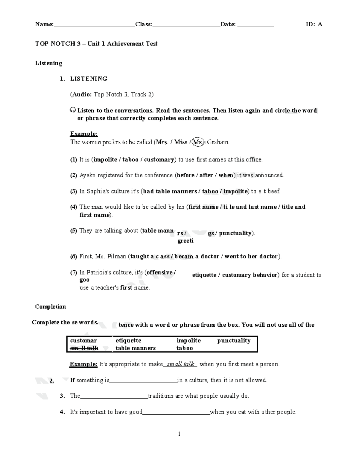 Top Notch 3a Unit 1 test e xin phep up len aj Name Class Date ID A 1 2. TOP NOTCH 3