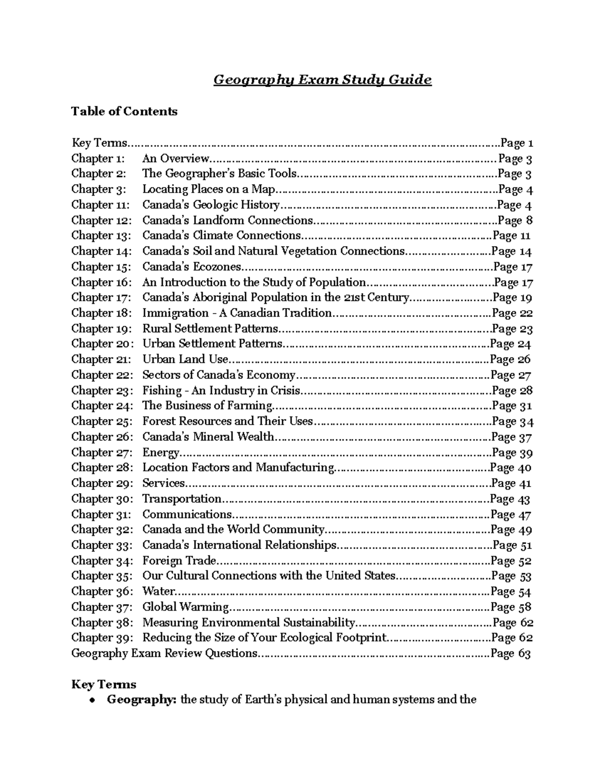 Study Guide - Geography Exam Study Guide Key Terms Key - Studocu