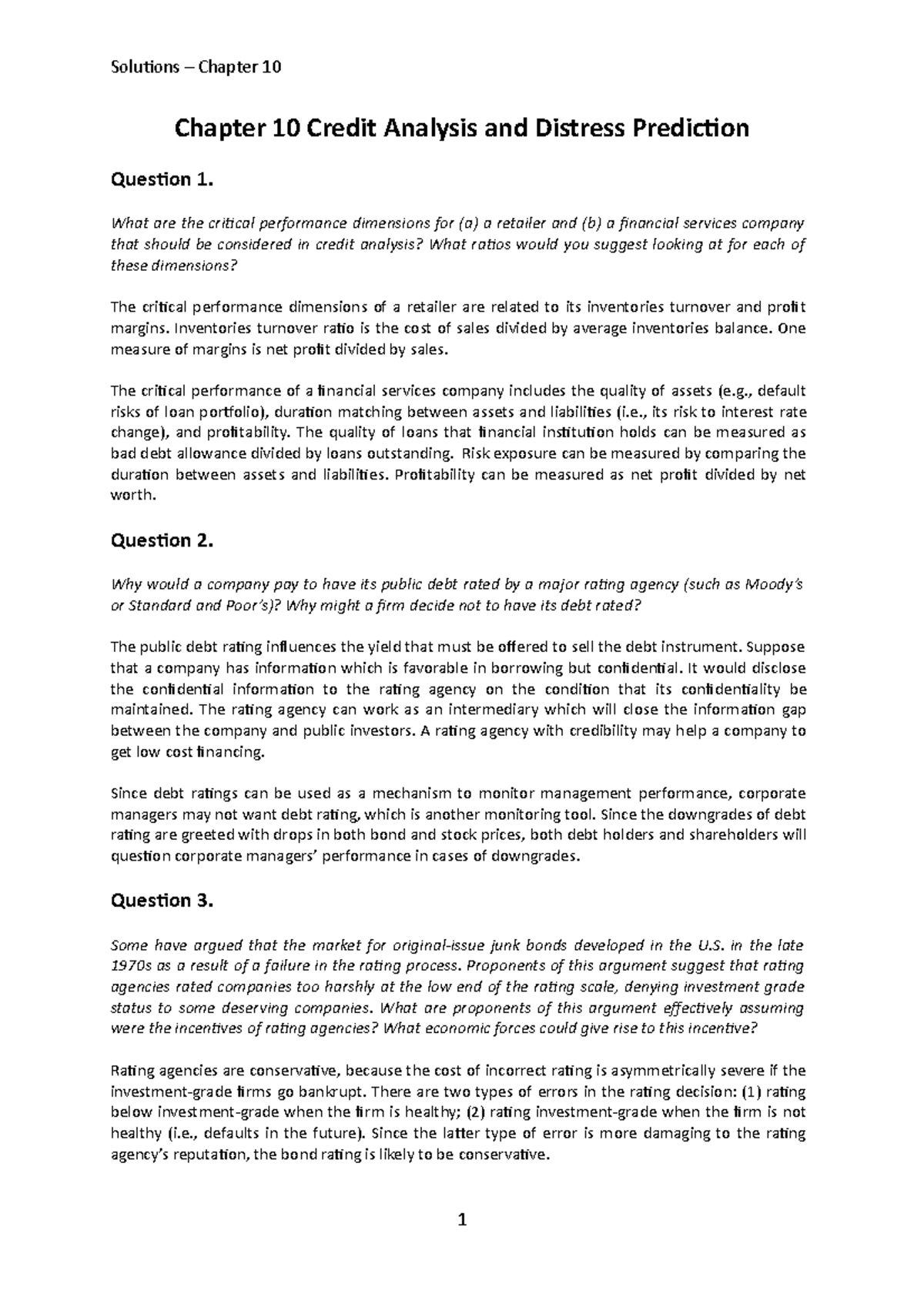 Chapter 10 - Solution Manual - Chapter 10 Credit Analysis And Distress ...