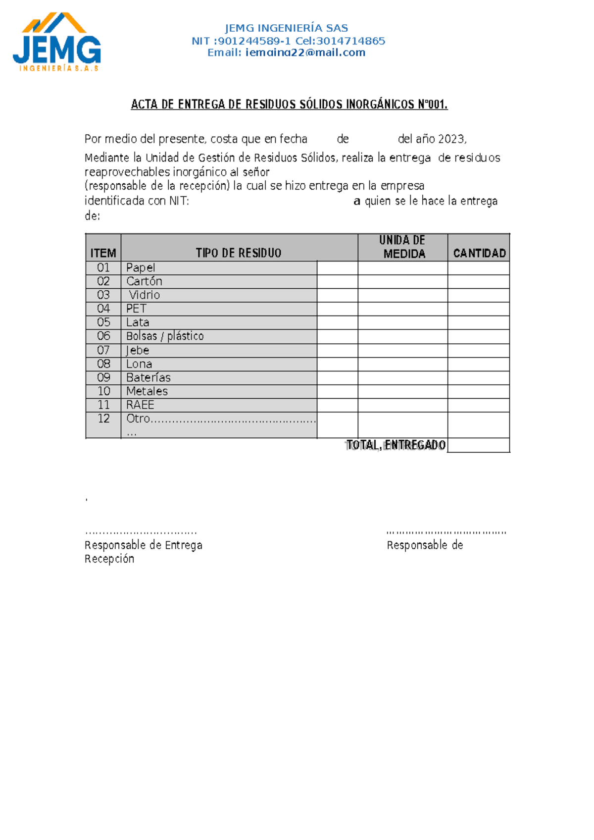 Acta De Entrega De Residuos Solido N Jemg Ingenier A Sas Nit