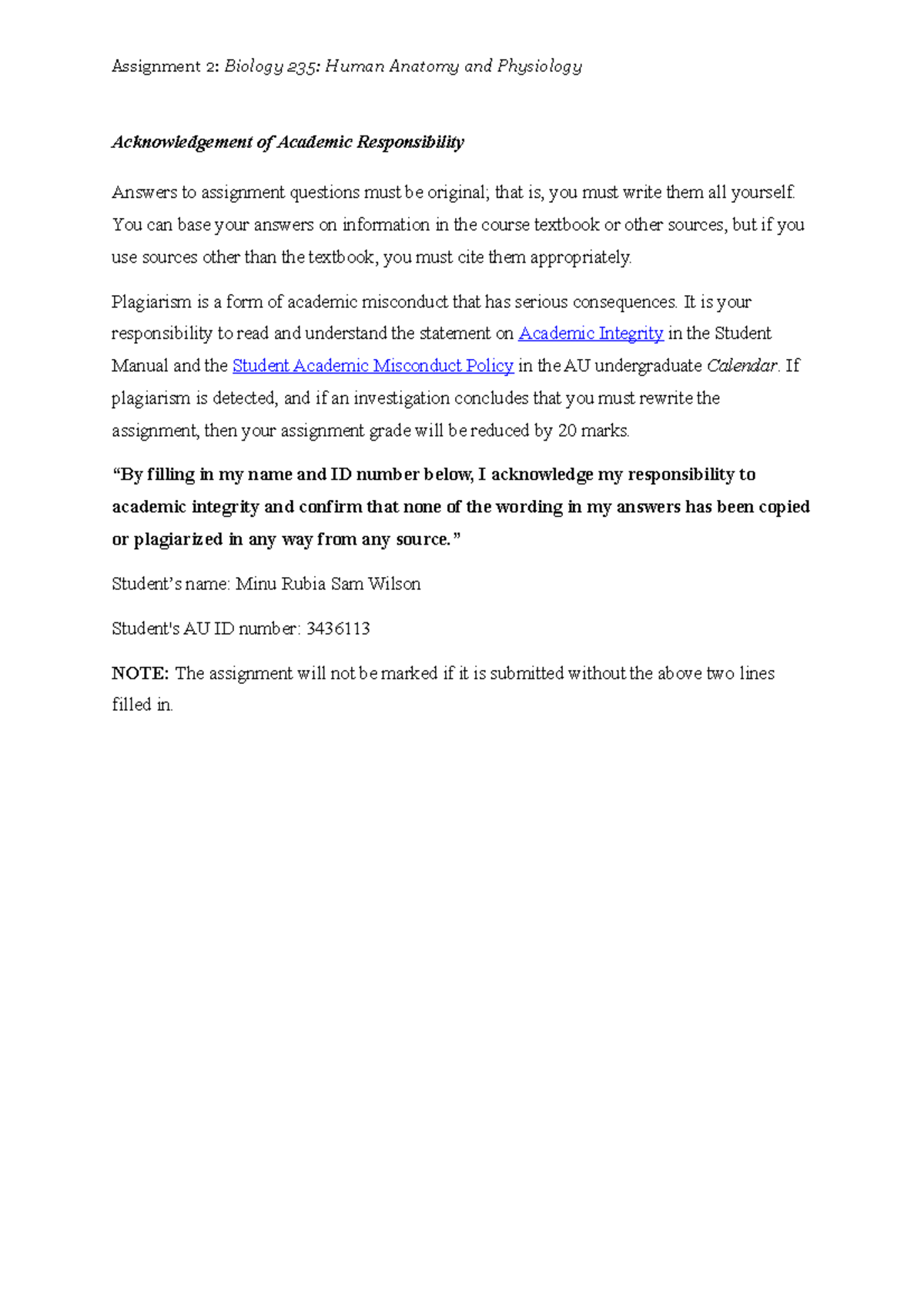Assignment 2 - Acknowledgement of Academic Responsibility Answers to ...
