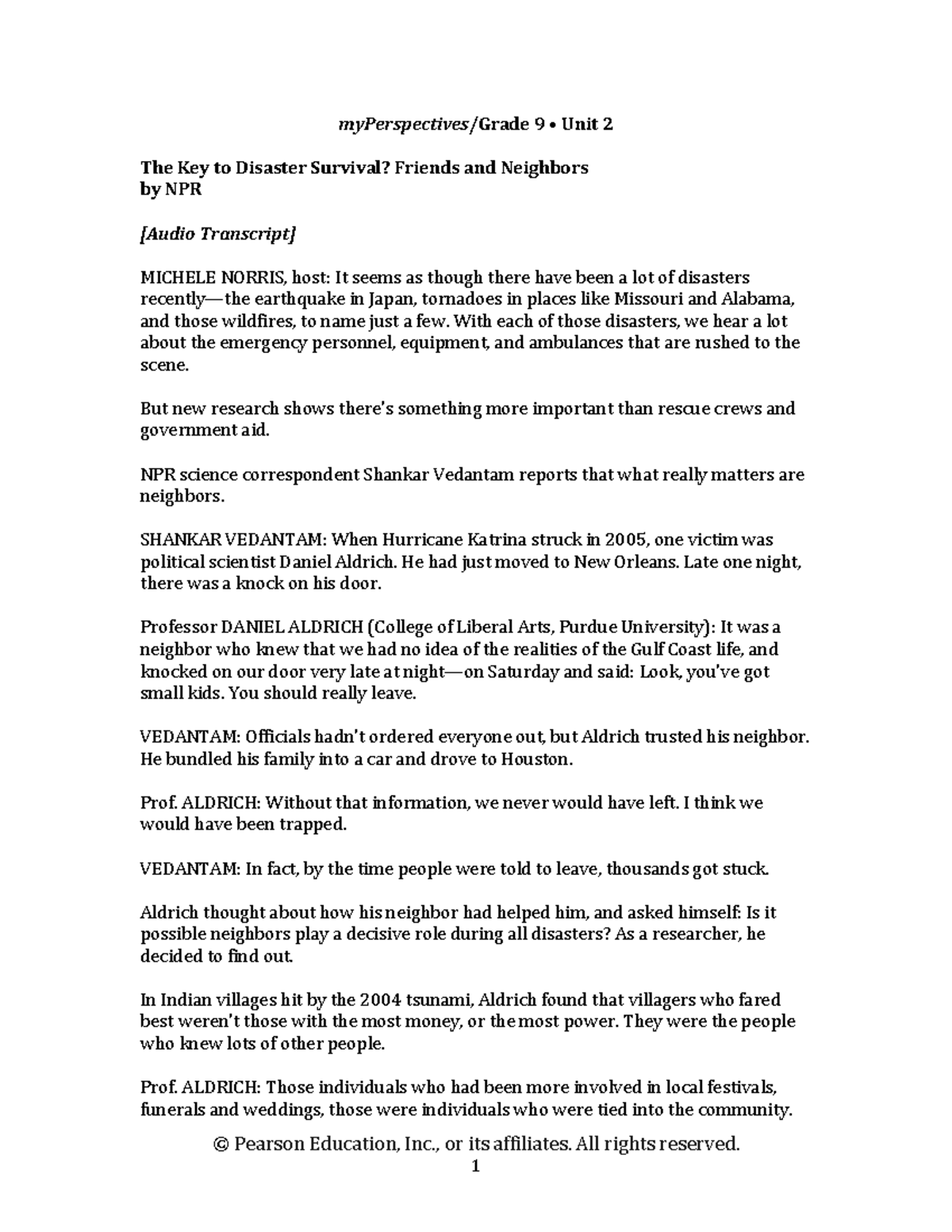 MYP17G09 U2 A3 Keyto Disaster Survival Transcript web - © Pearson ...