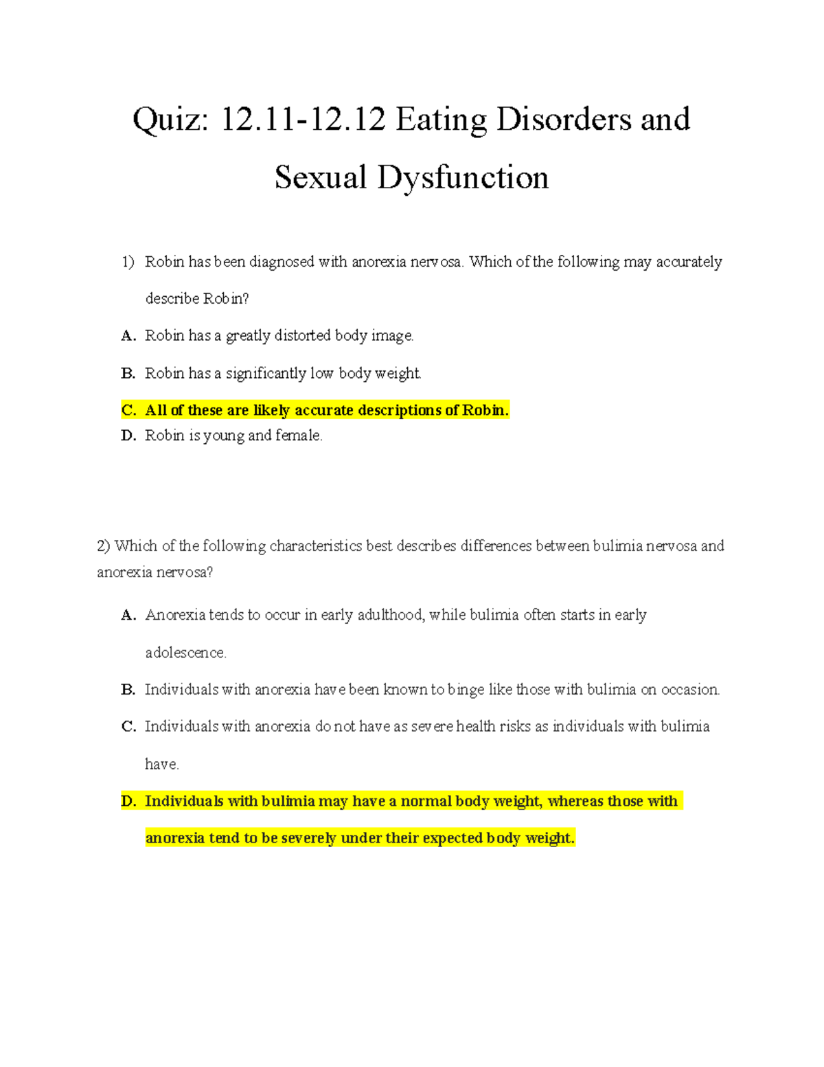 Quiz 12.11 12.12 Eating Disorders and Sexual Dysfunction Quiz