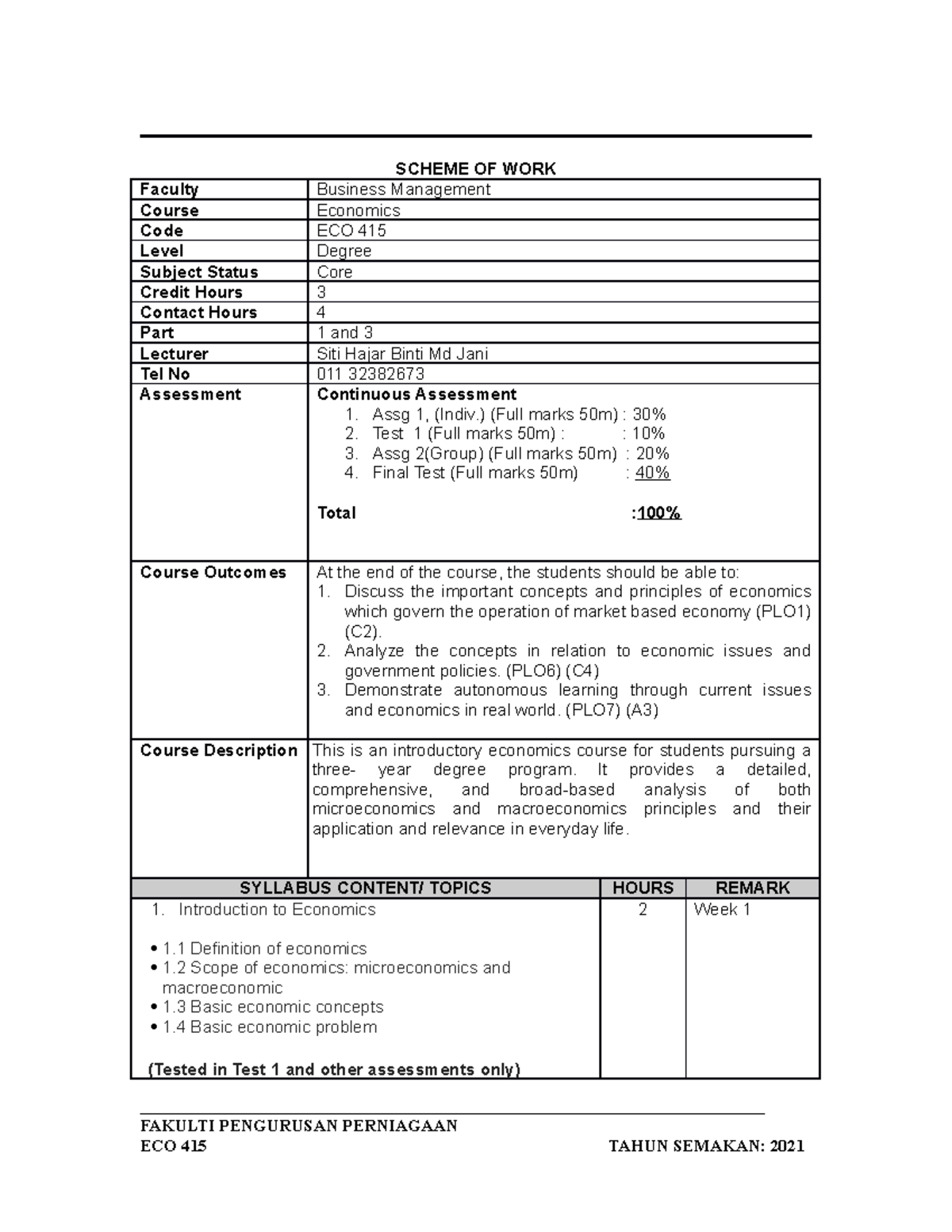 Lesson Plan - yup - SCHEME OF WORK Faculty Business Management Course ...