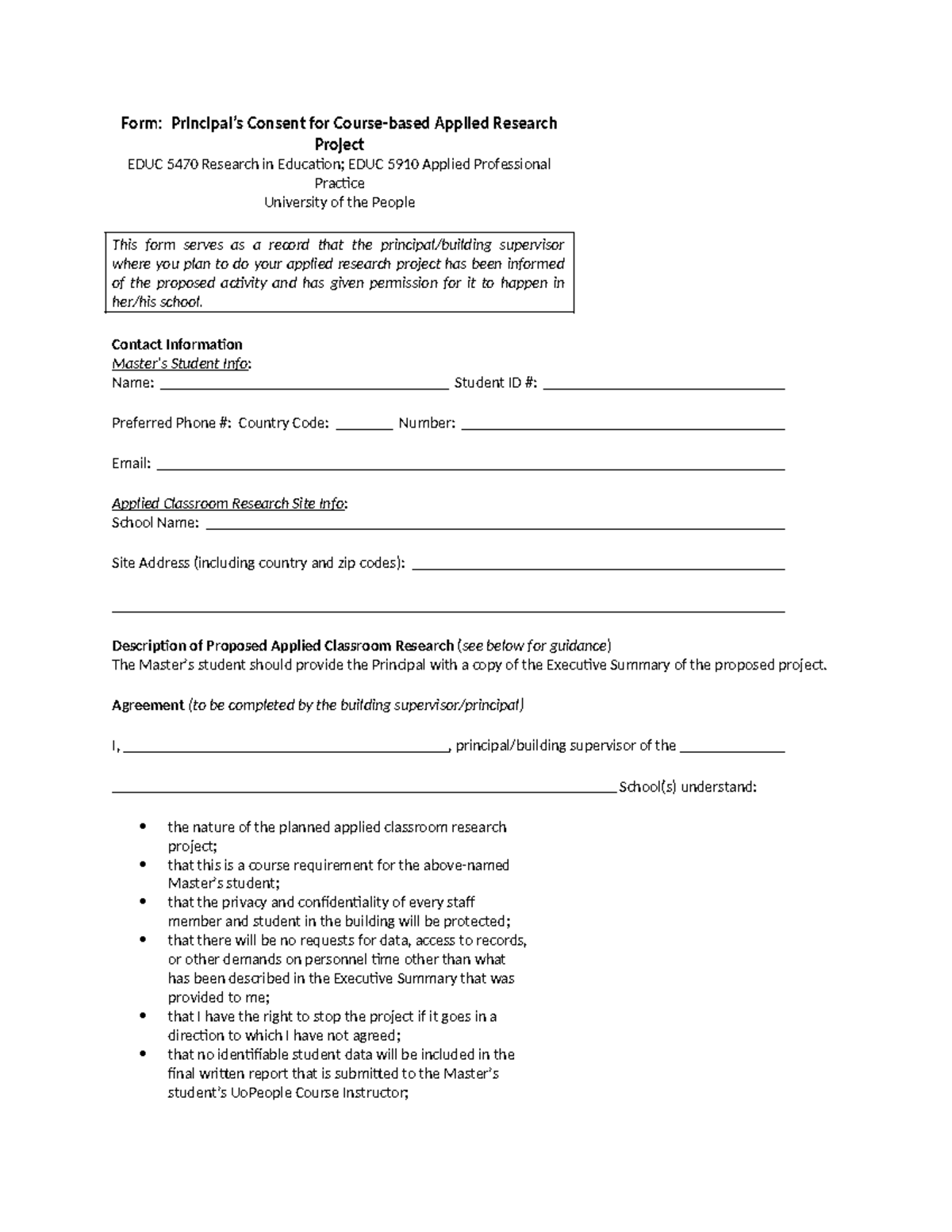 EDUC 5910 Informed Consent Form - Form: Principal’s Consent for Course ...