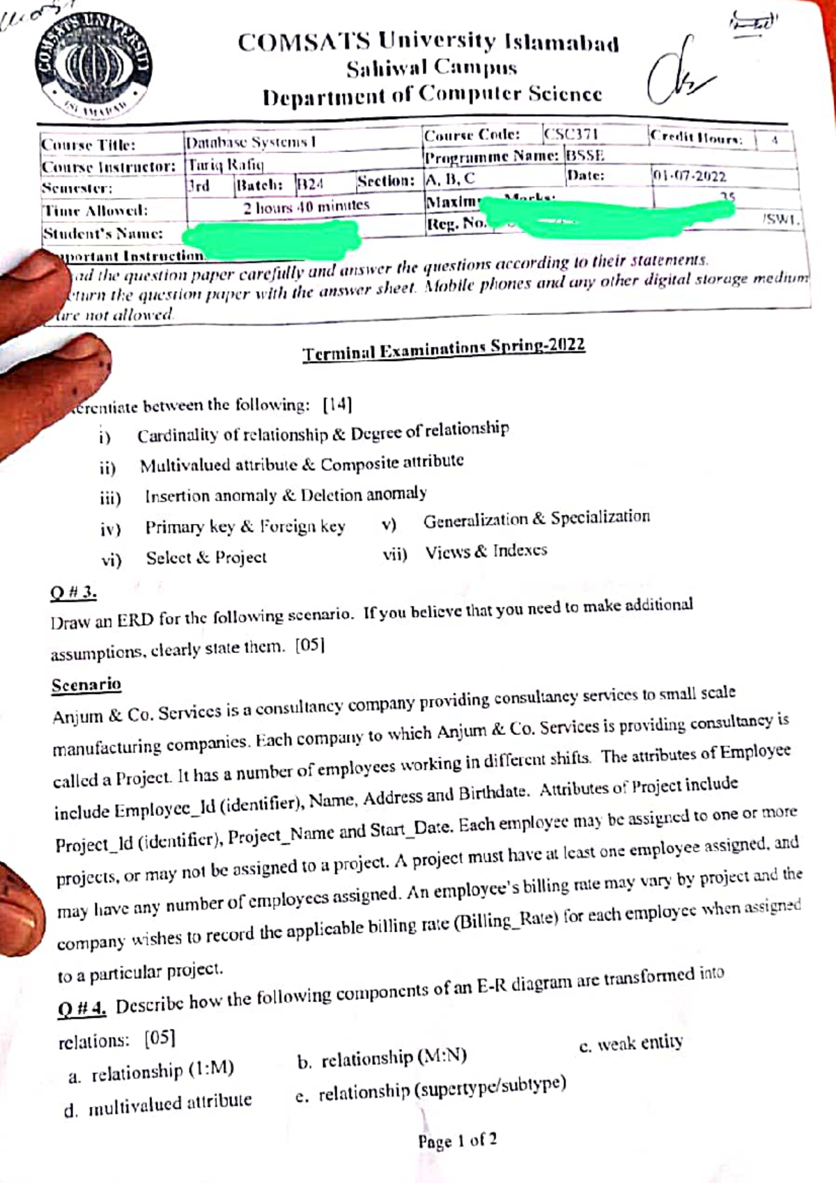  cui sahiwal dr tariq rafiq database past papers database systems