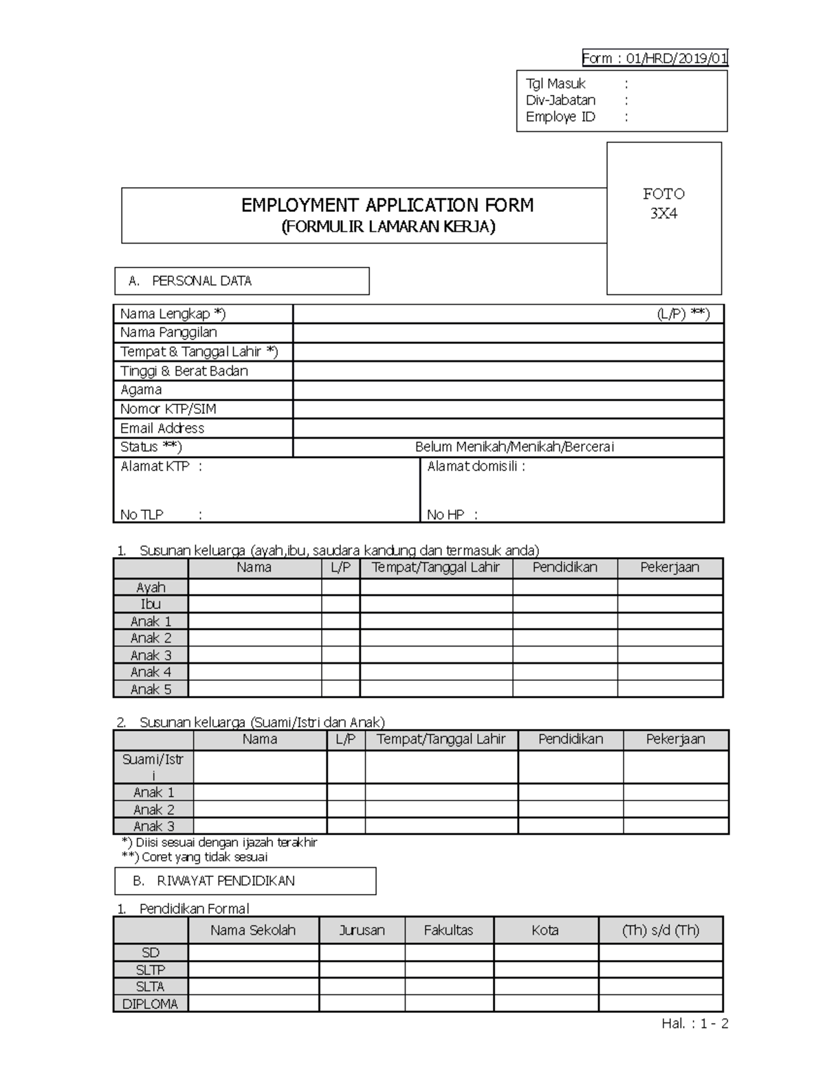 01-HRD-2019-01 Form Employment Application - Form : Tgl Masuk Employe ...