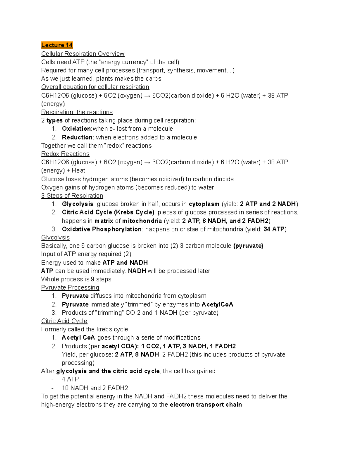 Chapters 7-9 Biology 105 - Lecture 14 Cellular Respiration Overview ...