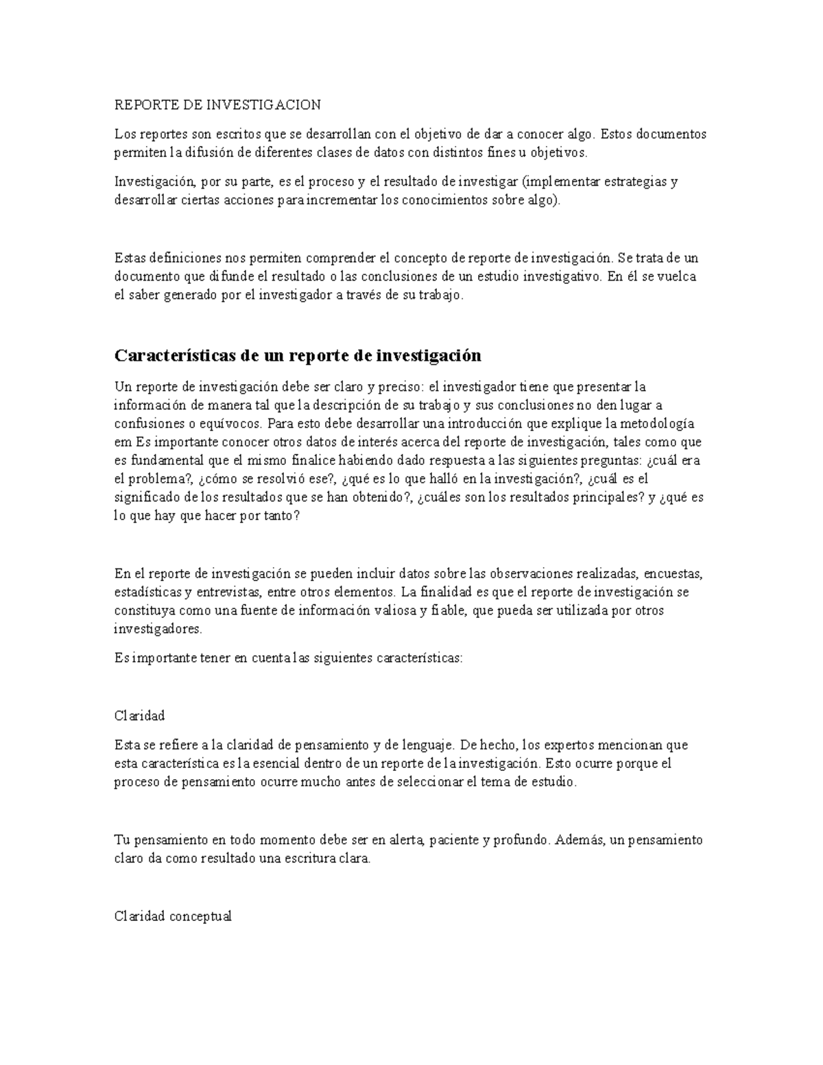 Reporte DE Investigacion - REPORTE DE INVESTIGACION Los Reportes Son ...