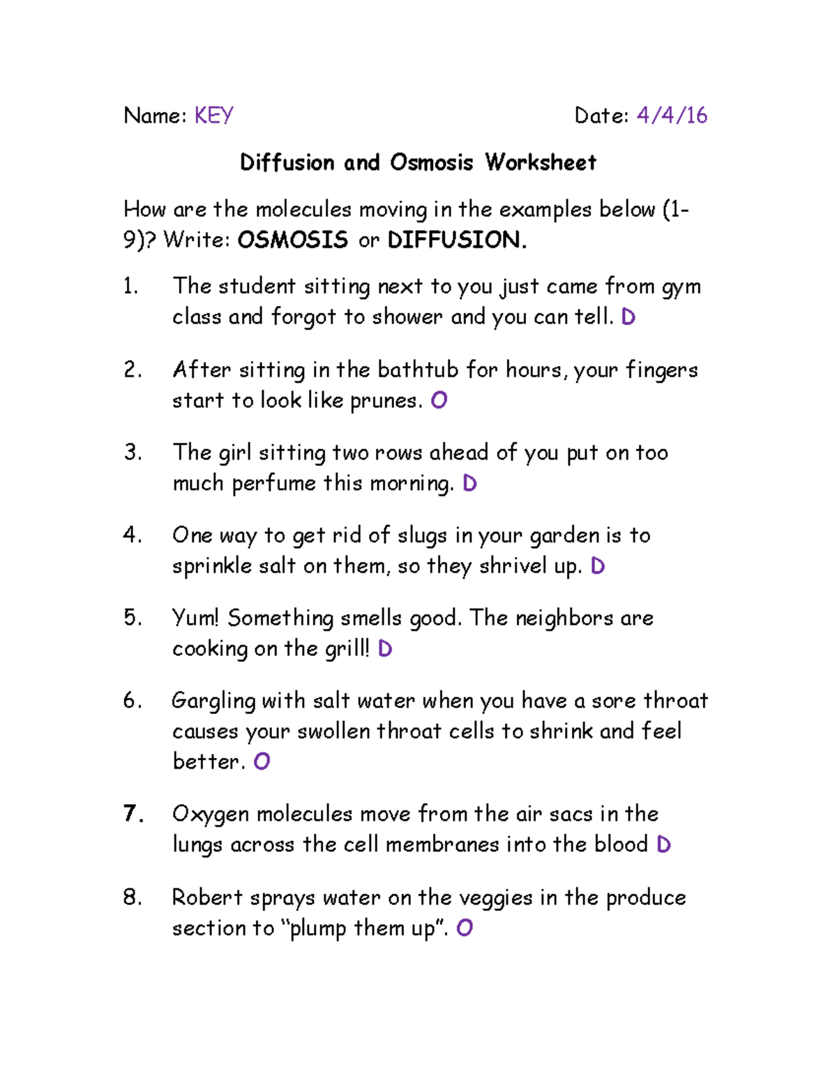 KEY Diffusion and Osmosis Worksheet - Name: KEY Date: 4/4/ Diffusion ...