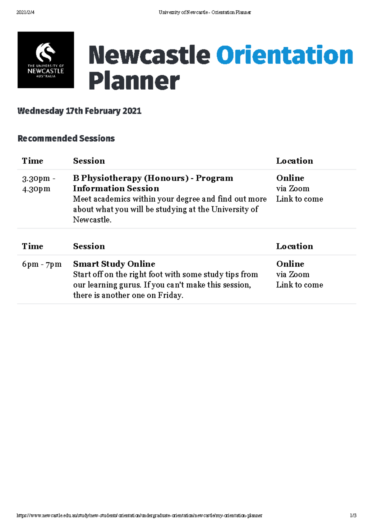 University of Newcastle Orientation Planner 2021/2/4 University of