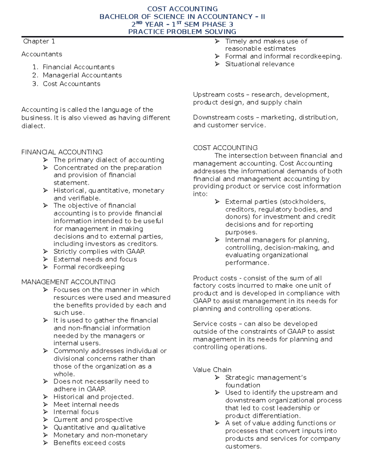 Chapter 1 lecture notes - COST ACCOUNTING BACHELOR OF SCIENCE IN ...