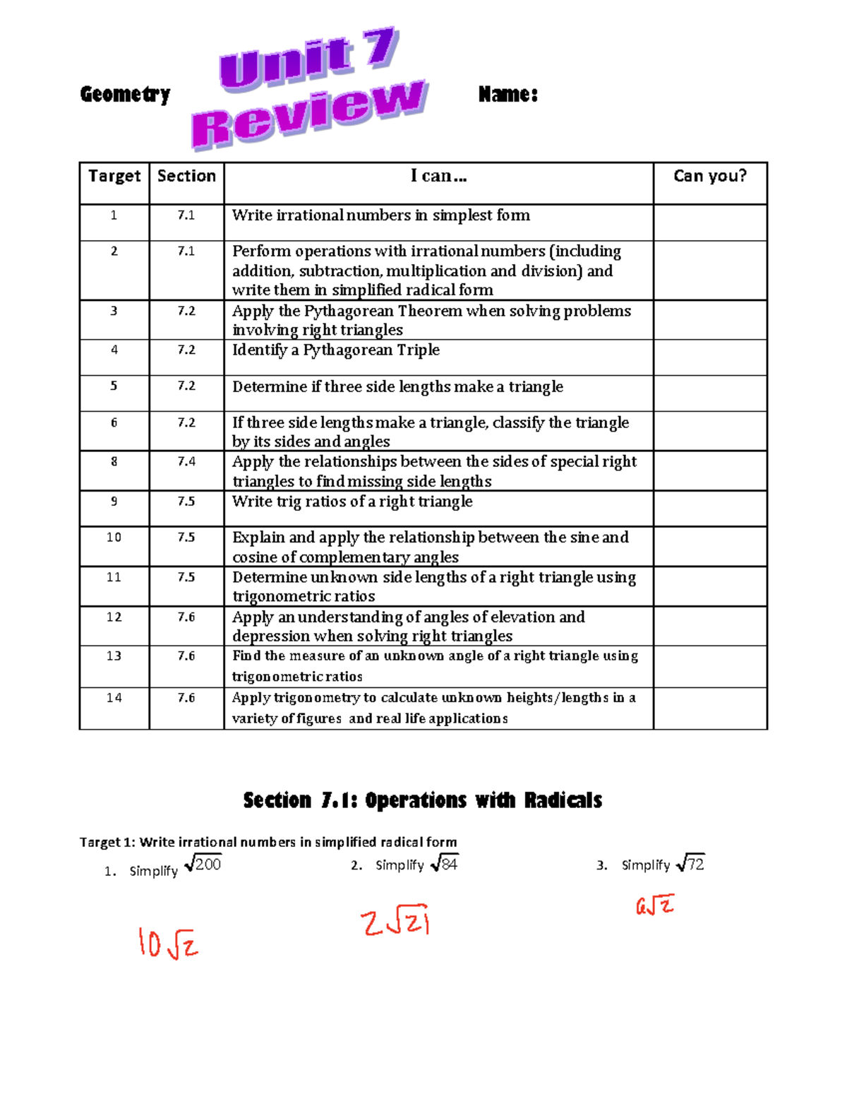 17+-+Unit+7+Review - Notes - Geometry Name: Target Section I can... Can ...