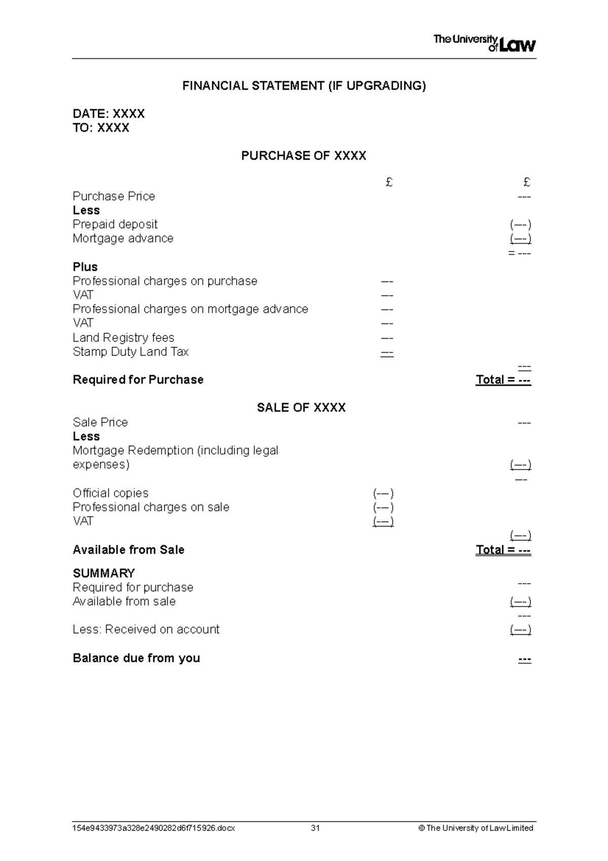 Blank Financial Statements For Property Sales & Purchases FINANCIAL