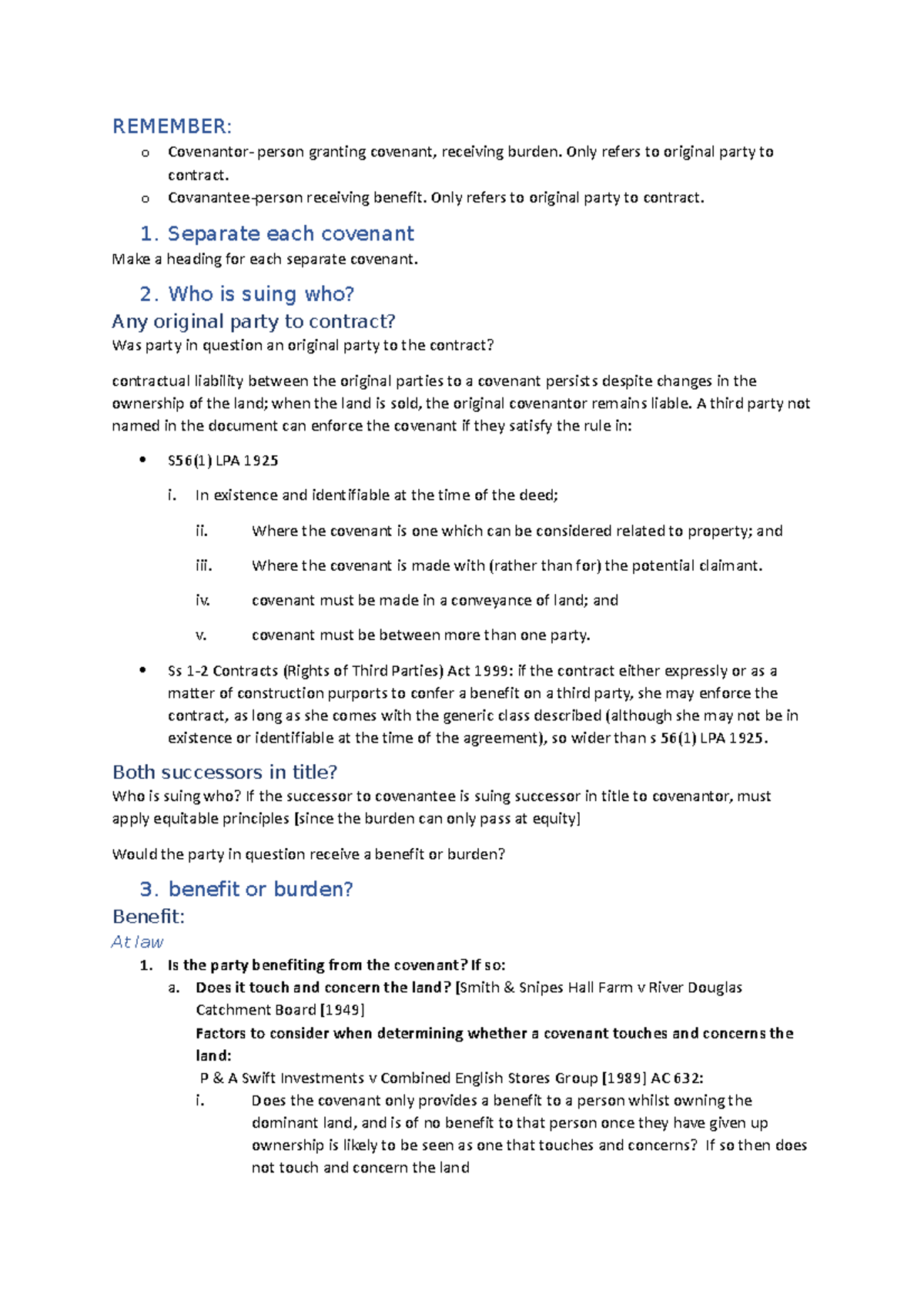 9. freehold covenants Summary Law Of Property REMEMBER o