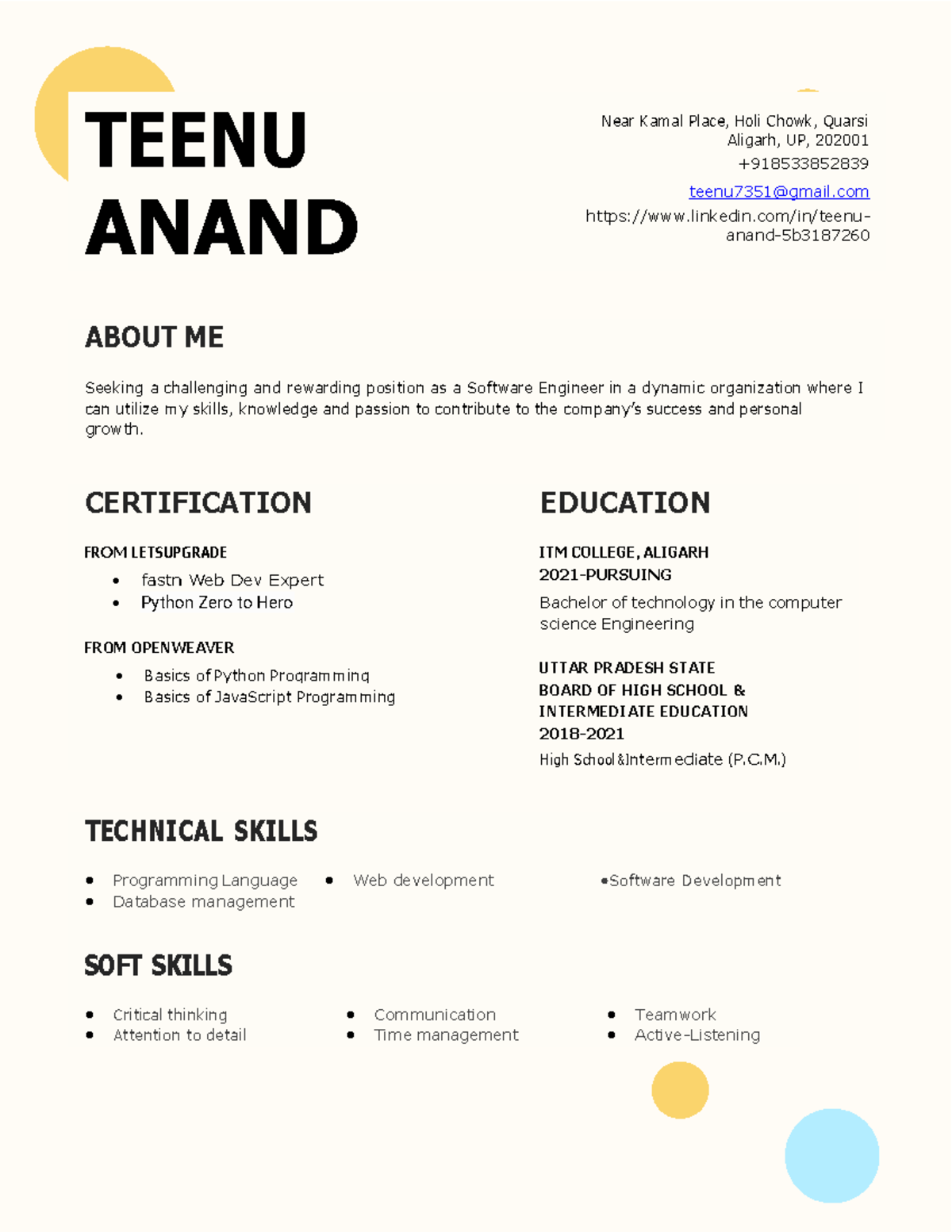 Teenu Anand Resume - TEENU ANAND Near Kamal Place, Holi Chowk, Quarsi ...