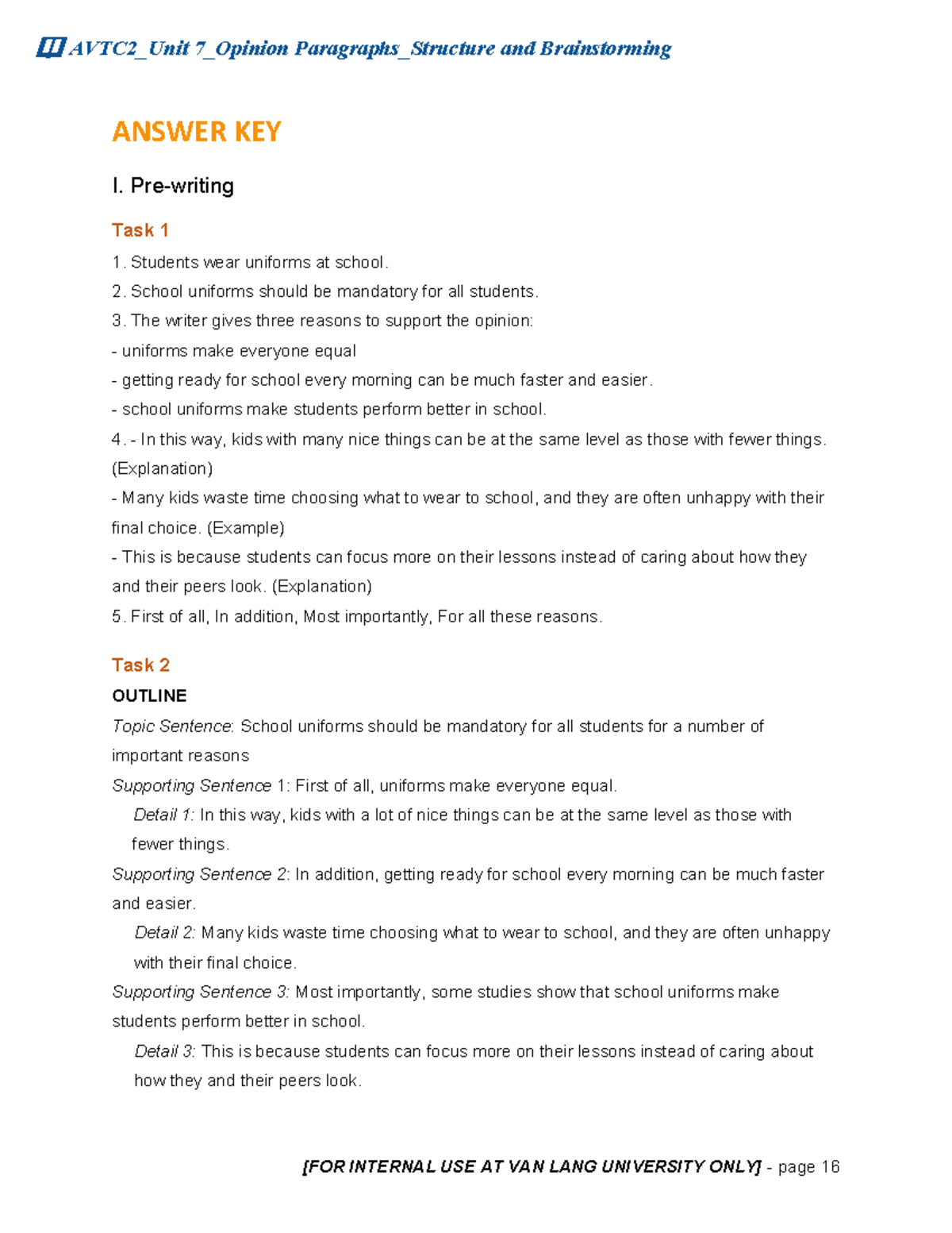 AVTC2 Unit 7 Answer key ANSWER KEY I. Prewriting Task 1