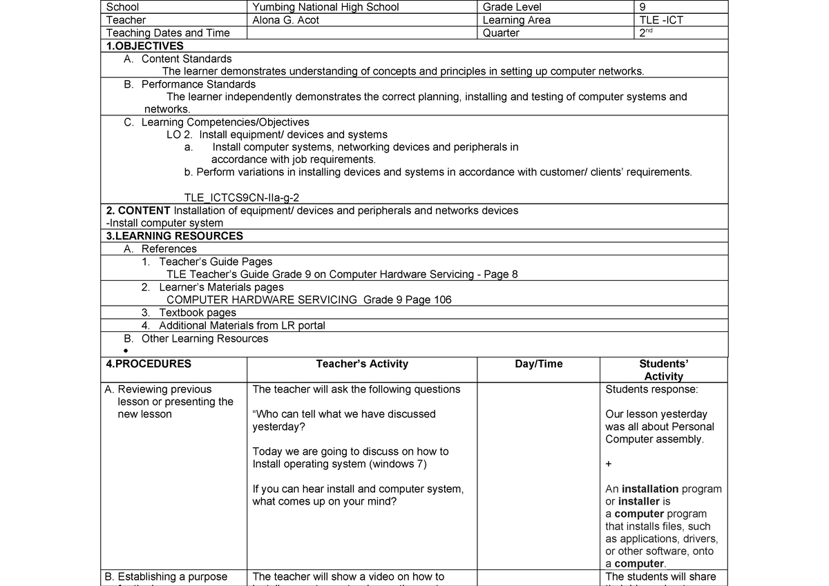 Lesson 2 Install compute systems Grade 9 ICT - School Yumbing National ...