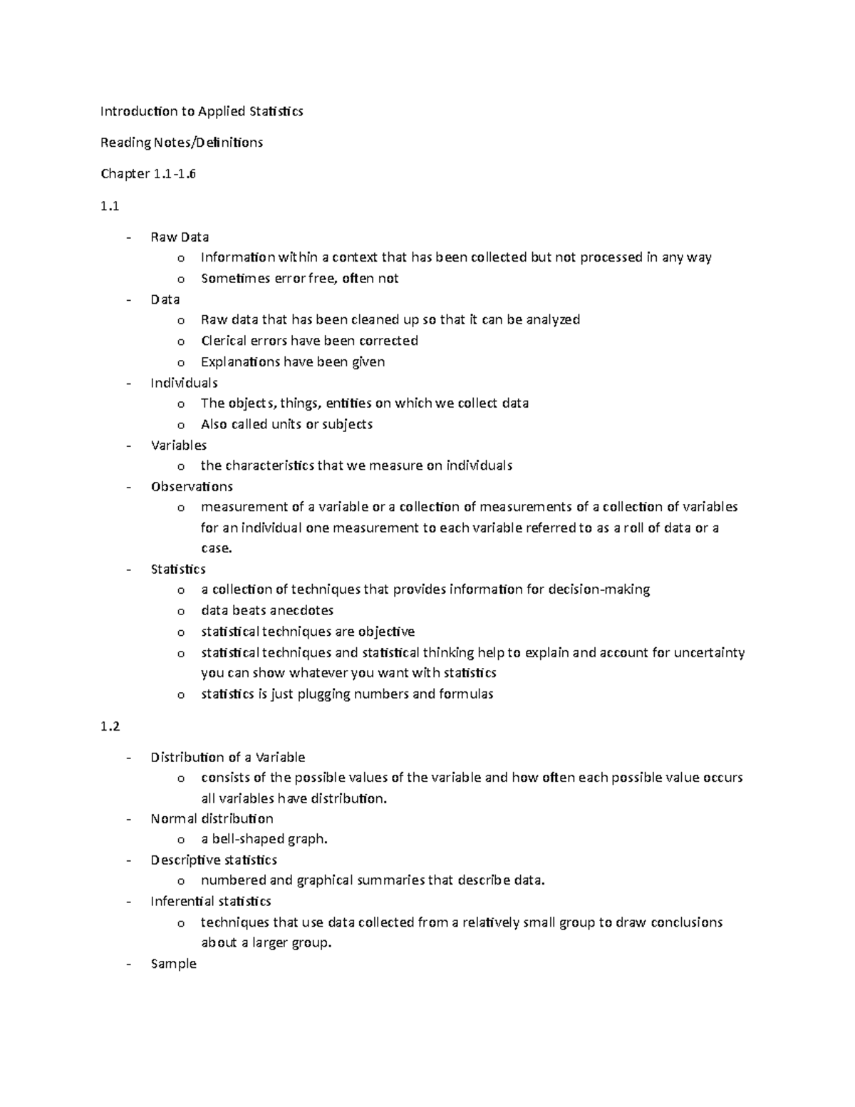 Introduction To Applied Statistics Ch 1.1-1.6 Notes - Introduction To ...