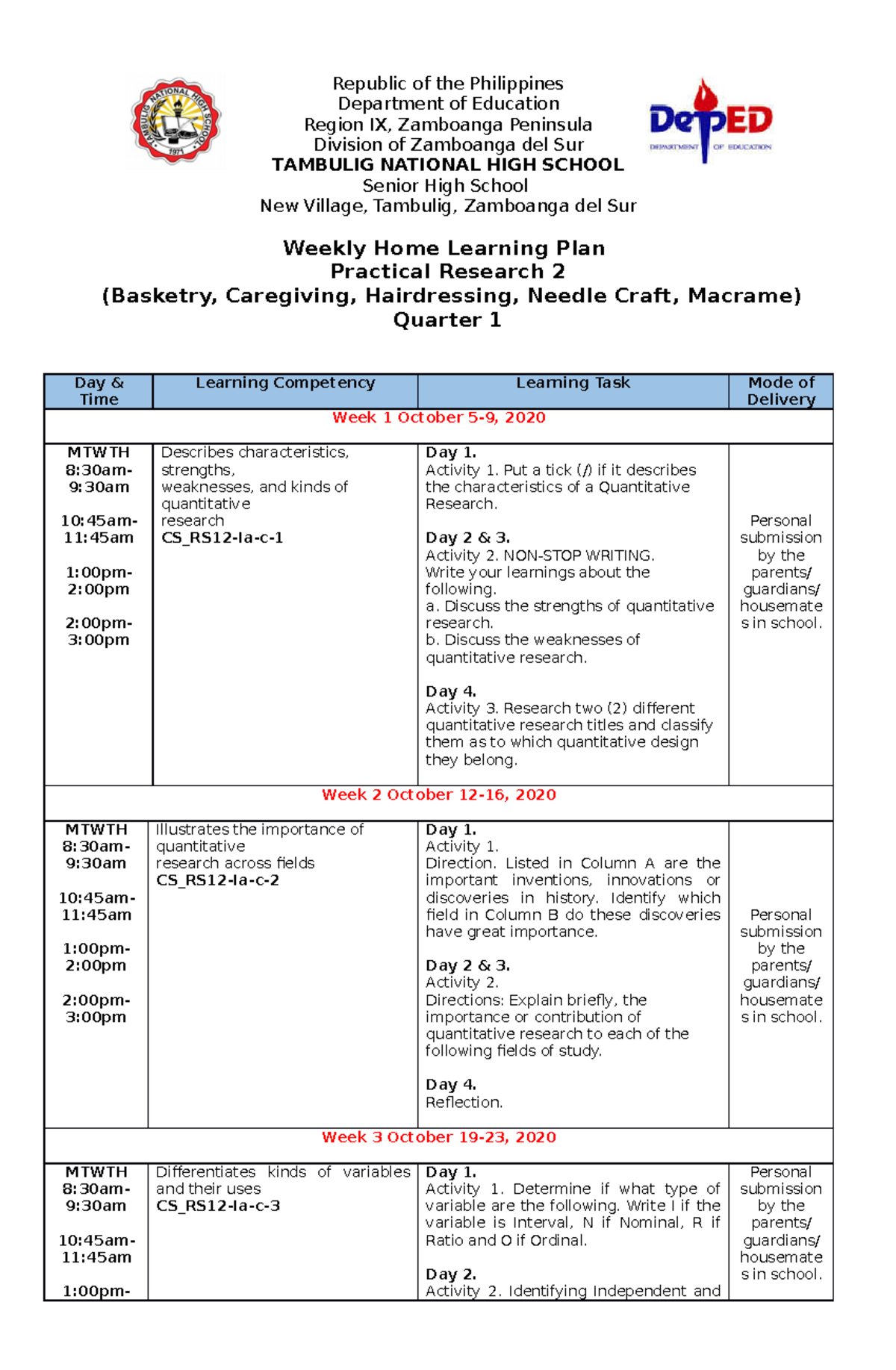 Q1 Pr2 Weekly Home Learning Plan Republic Of The Philippines Department Of Education Region Ix 8575