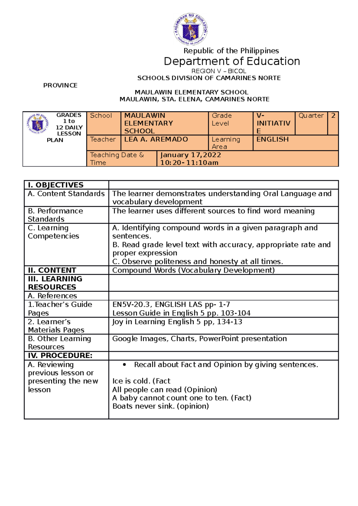 COT 2 English compound words Republic of the Philippines Department