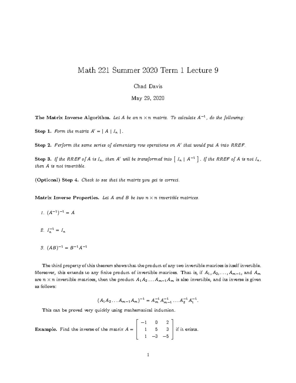 Math 221 S20 T1 Lecture 9 - Math 221 Summer 2020 Term 1 Lecture 9 Chad ...