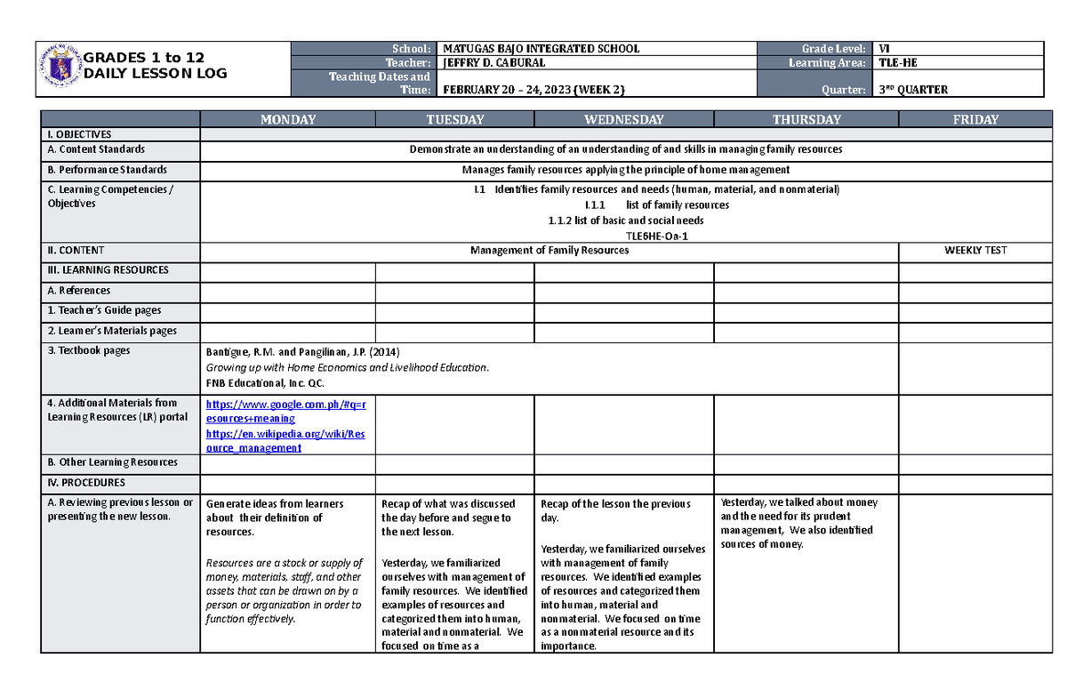 DLL TLE-HE 6 Q3 W2 - MATUGAS BAJO INTEGRATED SCHOOL - GRADES 1 to 12 ...